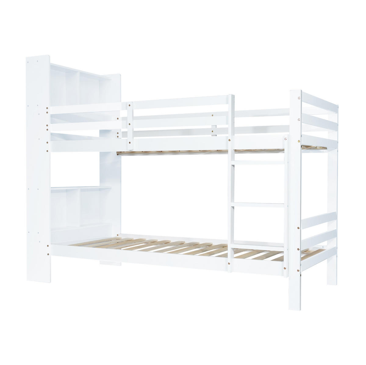 ETAGENBETT 90/200 cm mit Kopfregalen und rechtwinkliger Leiter und MDF, Weiß - Weiß, Holzwerkstoff (90/200cm) - Redom