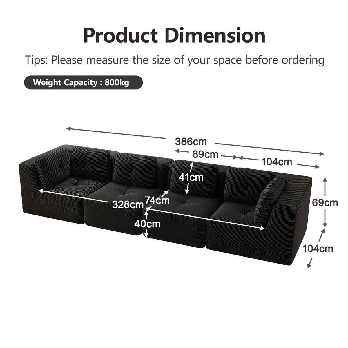 4-SITZER Sofa 386x104x69 cm aus Cordstoff rahmenlos modular, schwarz - Schwarz, Textil (104/69/386cm)