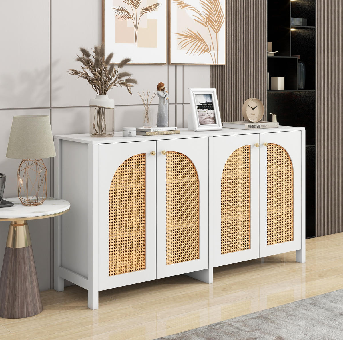 ŠIROKÁ komoda, MDF/biela, 4 dvierka s ratanovým vzhľadom,145/40/80 cm - biela, kompozitné drevo (145/40/80cm) - BEAOK