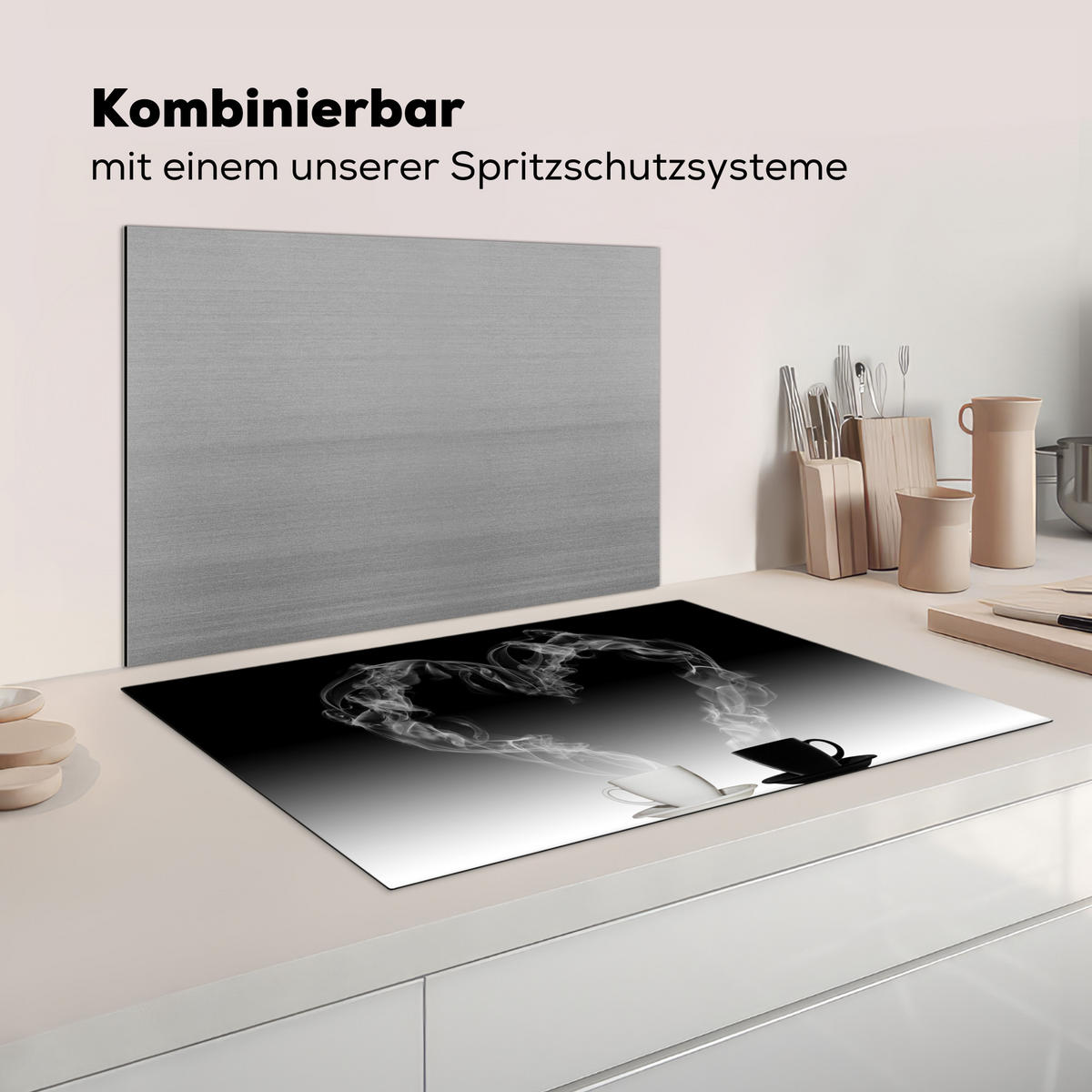 HERDABDECKPLATTE Kaffee - Herz - Schwarz und weiß - Tassen Abdeckung Ceranfeld 81.2x52 cm - Weiß, Kunststoff (81.2/52/0.2cm) - MuchoWow