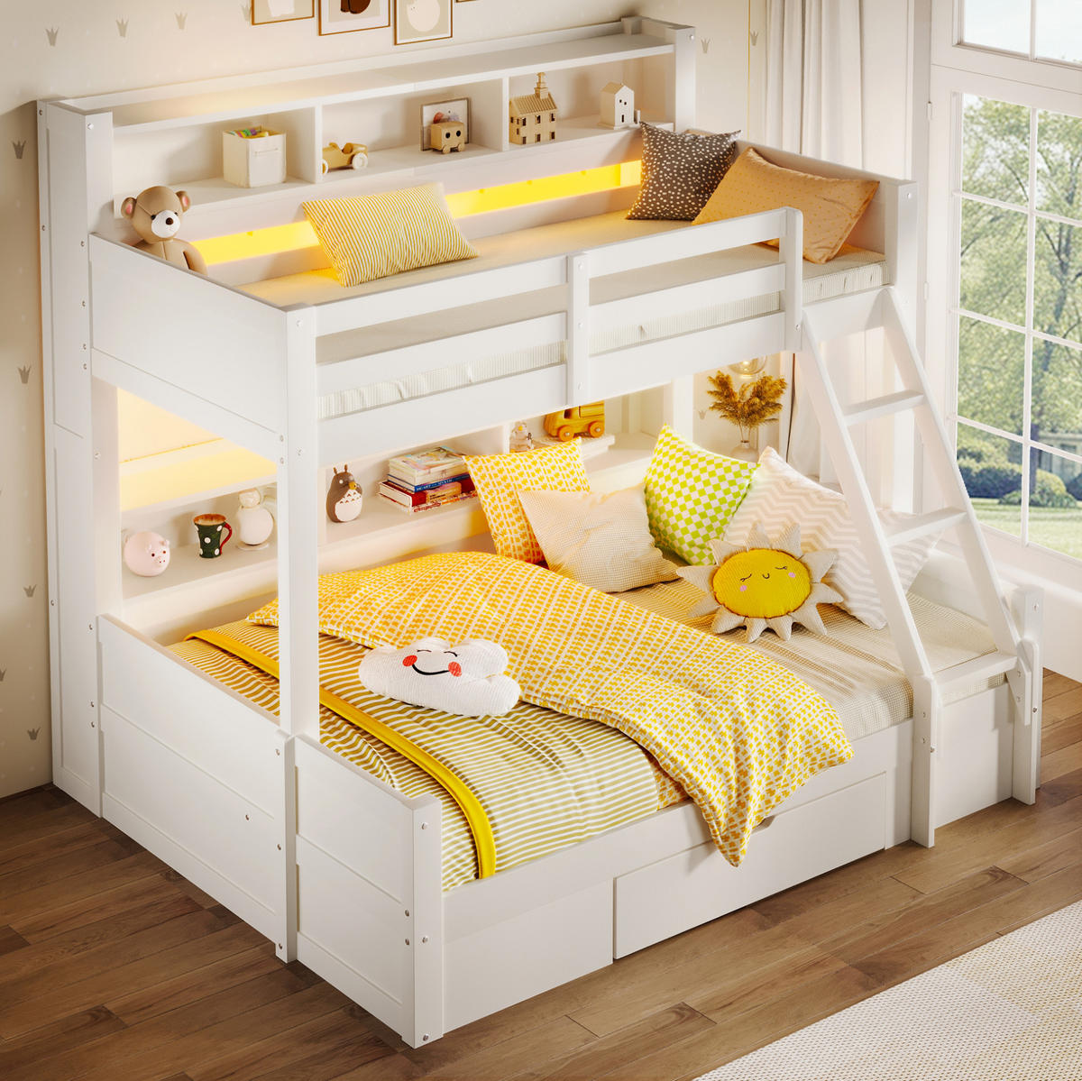 ETAGENBETT 90/200 + 140/200 cm in Weiß mit LED-Beleuchtung und Stauraum - Weiß, Holz (90/200cm) - Flora Grace