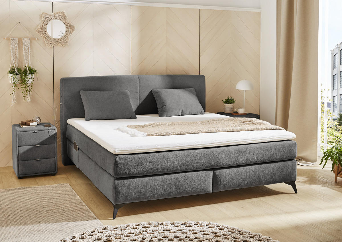 BOXSPRINGBETT 180x200, 7-Zonen-Tonnentaschen-Federkernmatratzen H3+H4, Topper,Bonell-Federkern,Beleuchtung,USB-Ladeports, Chenille Dunkelgrau / 20045 - Dunkelgrau/Schwarz, Textil/Metall (180/200cm) - luma-home
