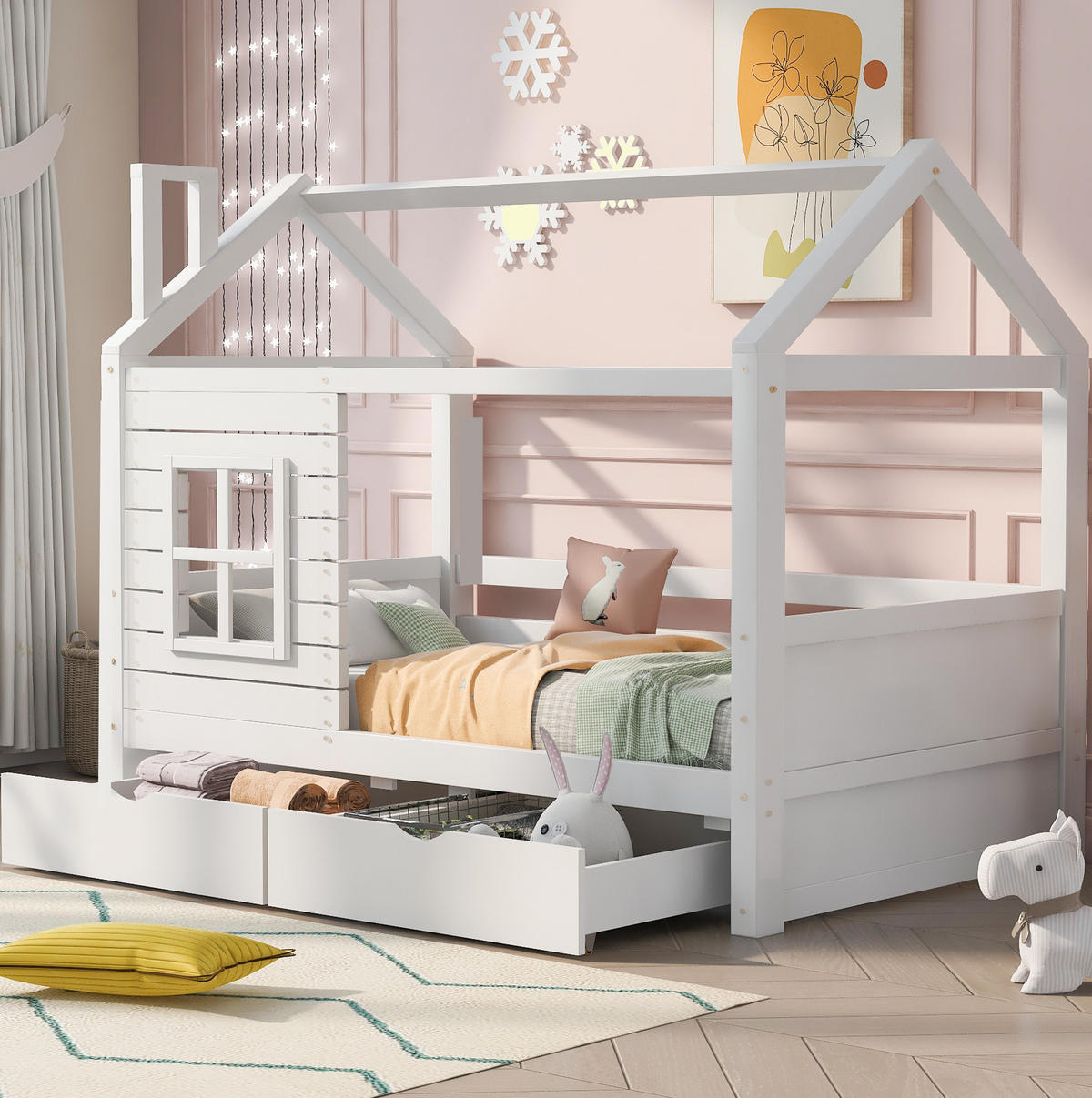 KINDERBETT 90/200 cm weiß aus Kiefer mit Fenster und Schubladen - Weiß, Holzwerkstoff (90/200cm) - OKWISH