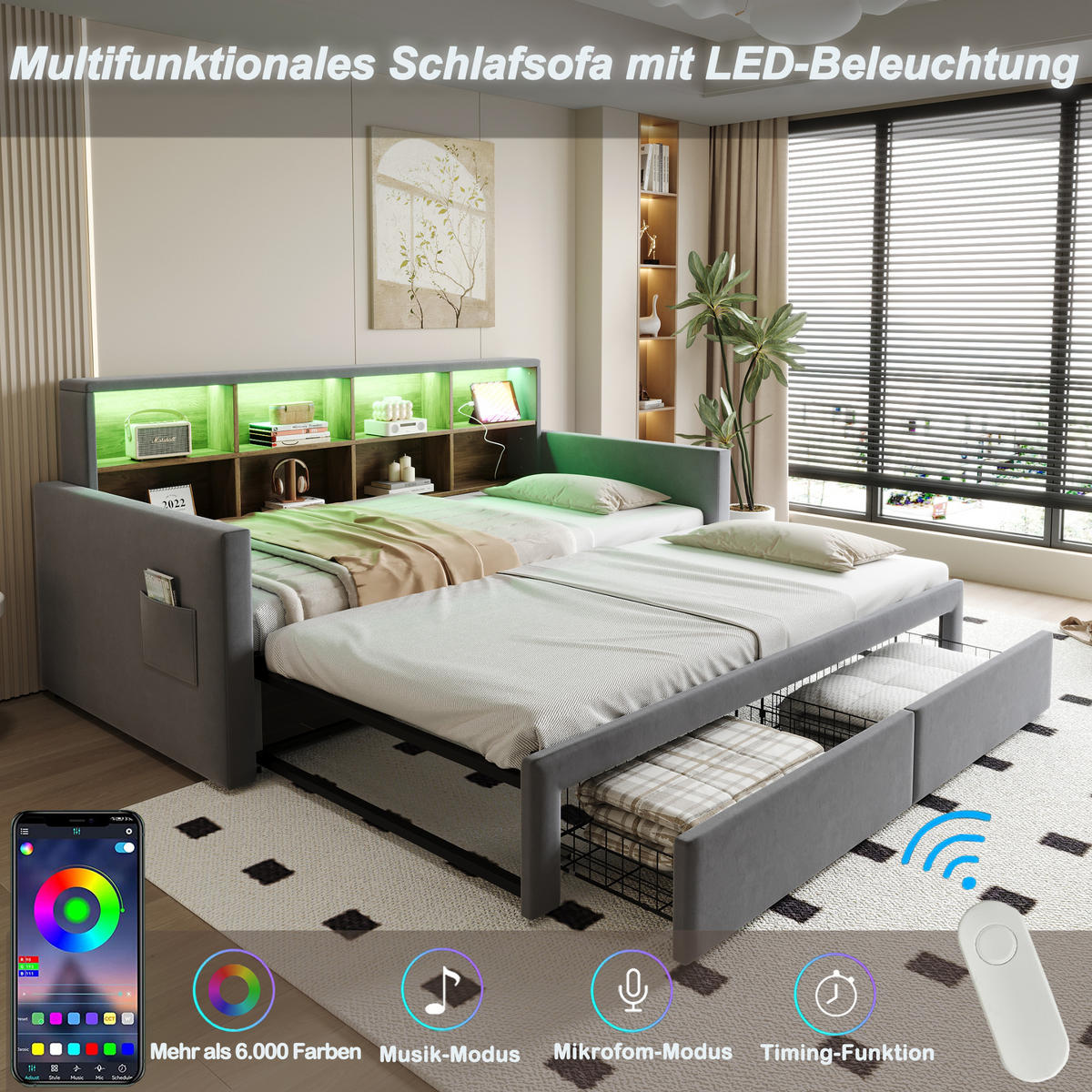 POLSTERBETT 90/190 cm Dunkelgrau aus Samt mit LED-Beleuchtung und Stauraum - Dunkelgrau, Textil (90/190cm) - OKWISH