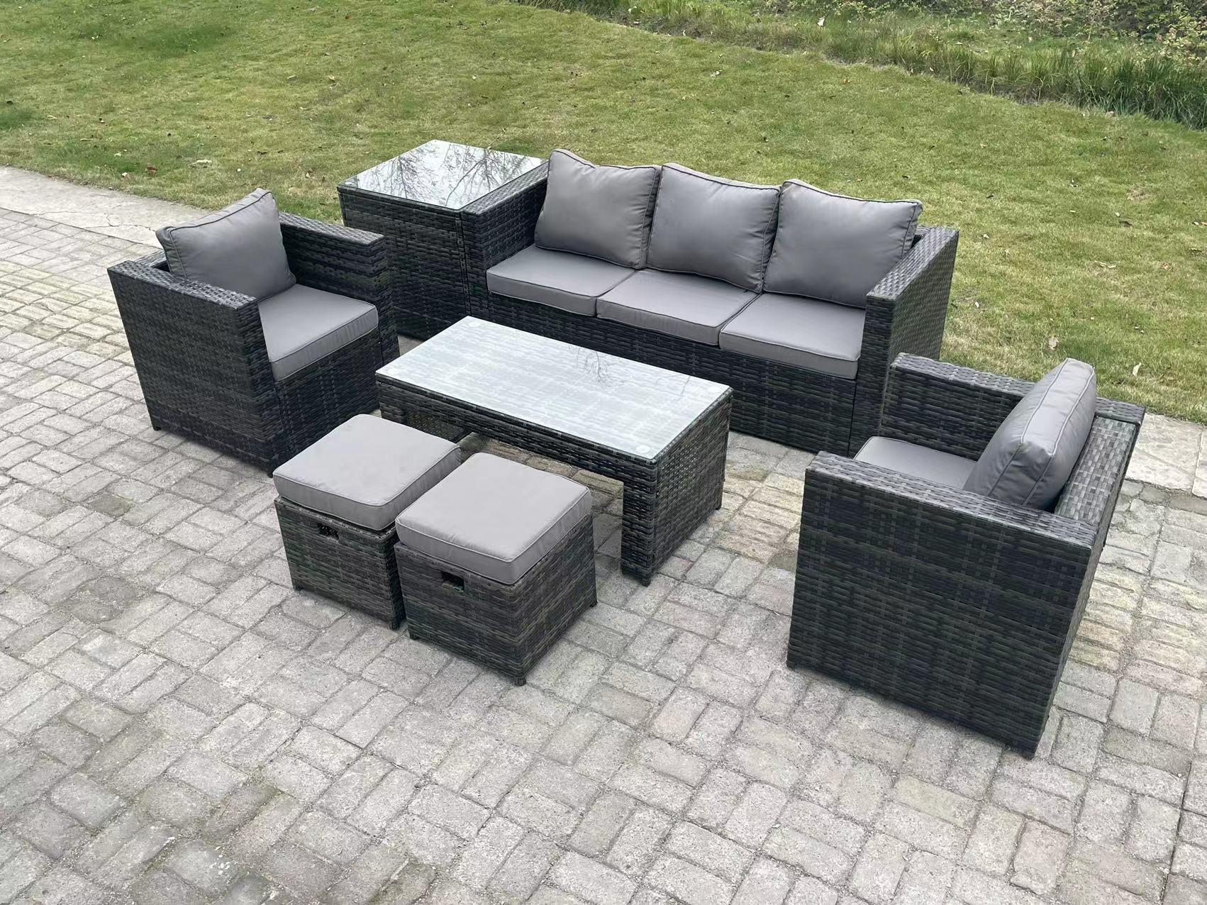 GARTENMÖBELSET mit Couchtisch Polyrattan 7-Sitzer - Dunkelgrau/Grau, Glas/Kunststoff - Fimous