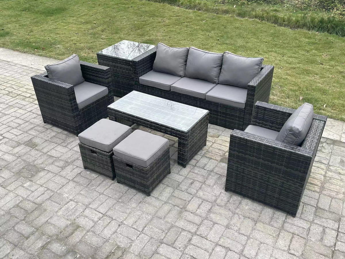 GARTENMÖBELSET mit Couchtisch Polyrattan 7-Sitzer - Dunkelgrau/Grau, Glas/Kunststoff - Fimous