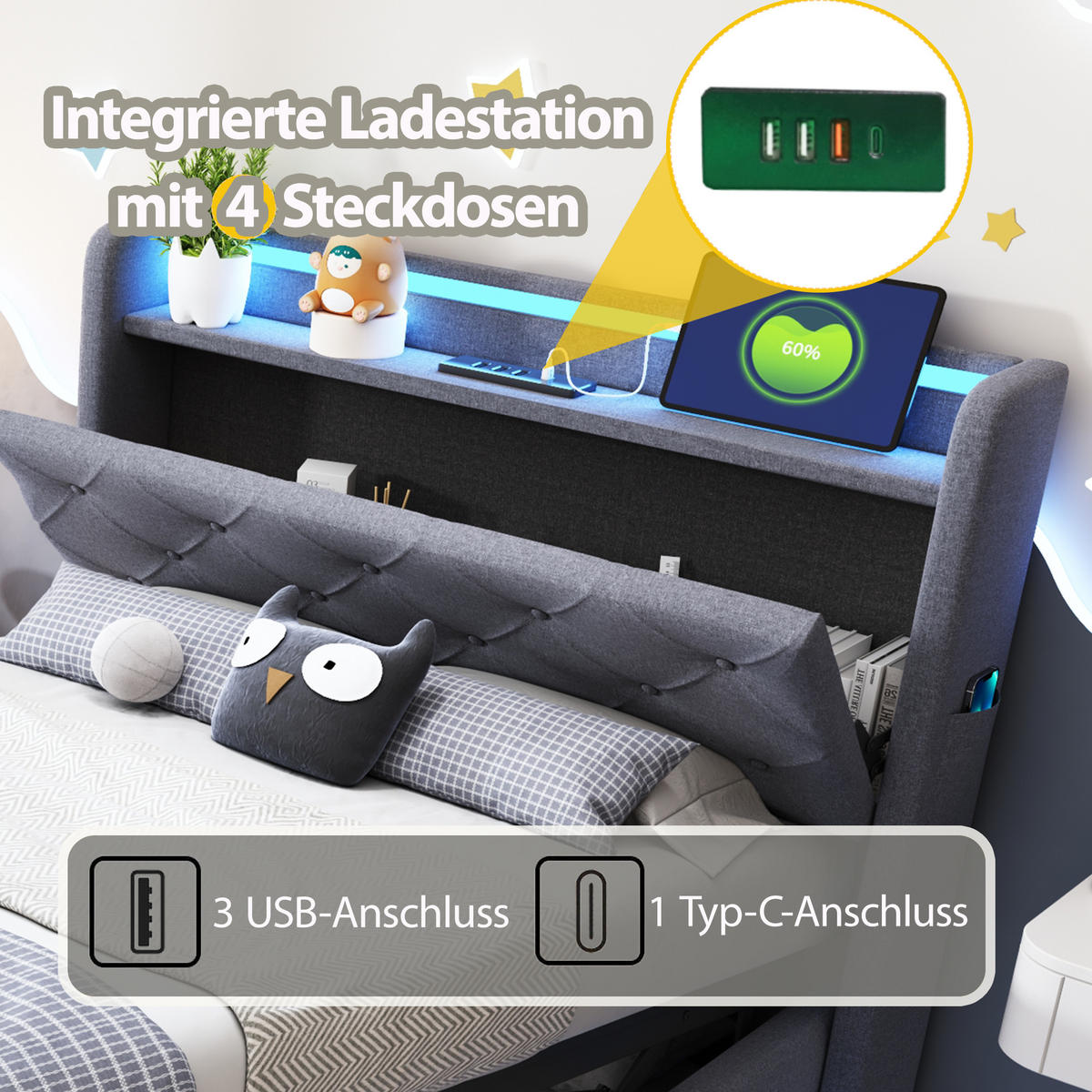 KINDERBETT 90x200 cm LED USB Stauraum grau - Grau, Textil (90/200cm) - LEBENLANG