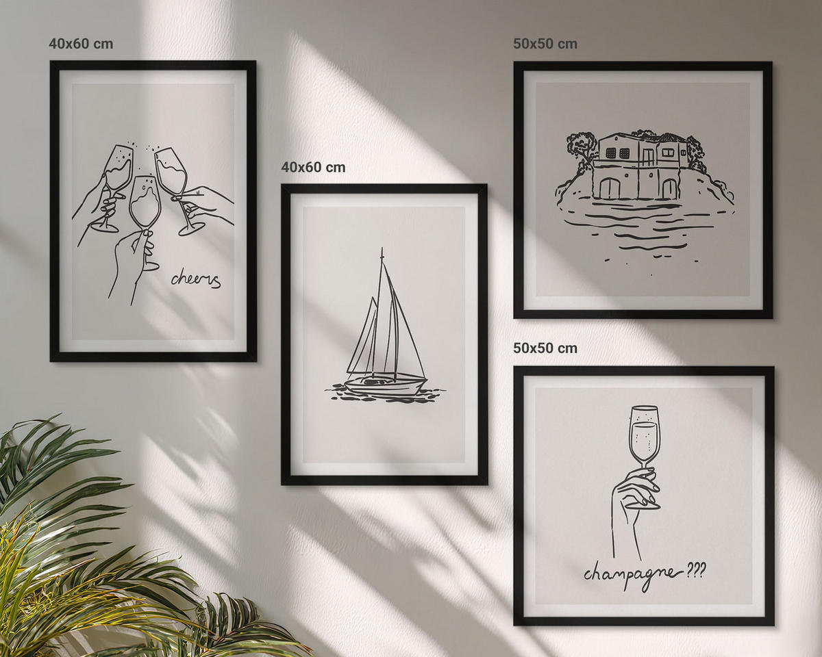 BILDER SET 4er Set - 50x50 cm & 40x60 cm Schwarzer Rahmen - Haus am Wasser, Toastsegelboot - Schwarz, Kunststoff (50/50cm) - TULUP