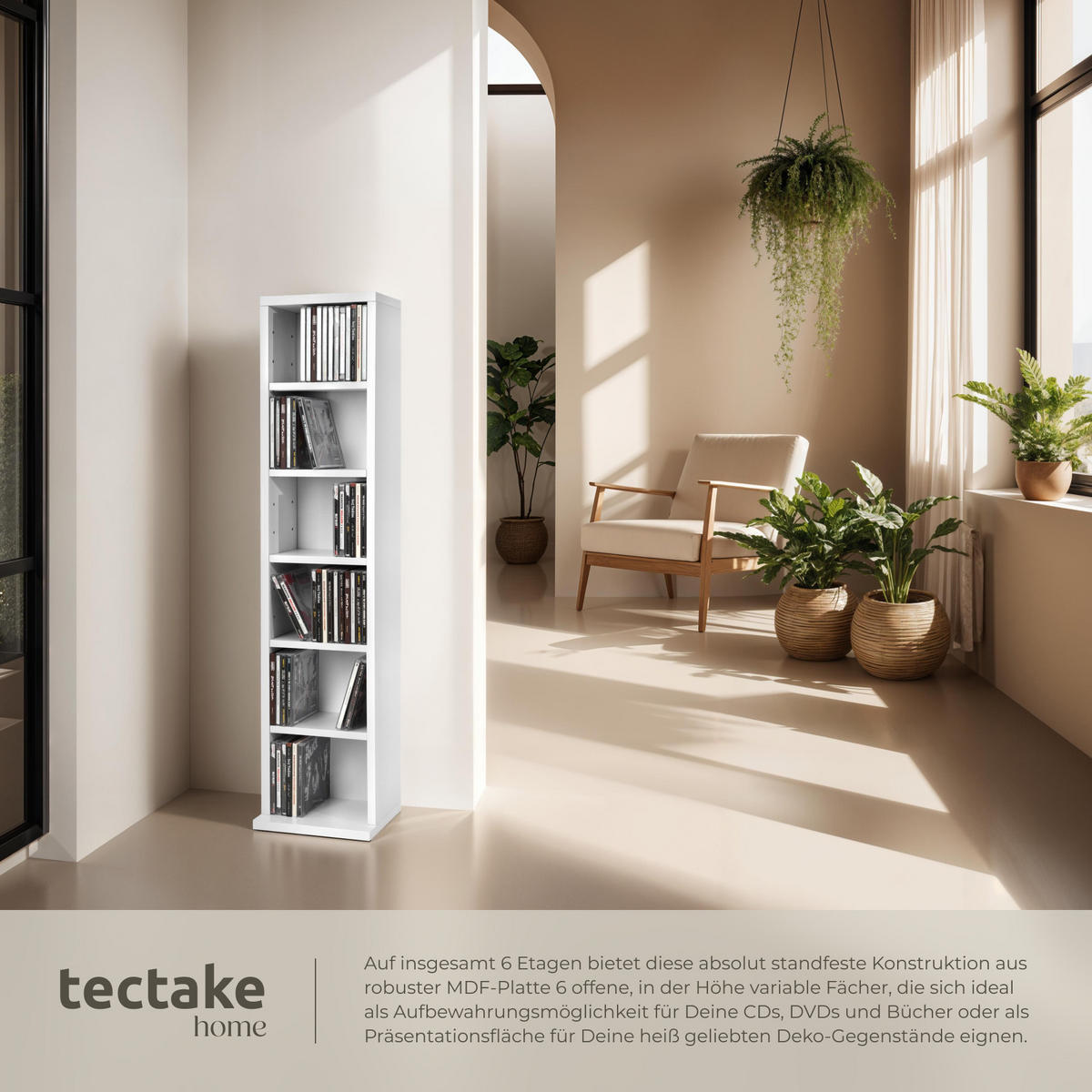 CD/DVD Regal Juliane,90 x 21 x 20 cm,weiß - Weiß, Holz (21/90/20cm) - tectake