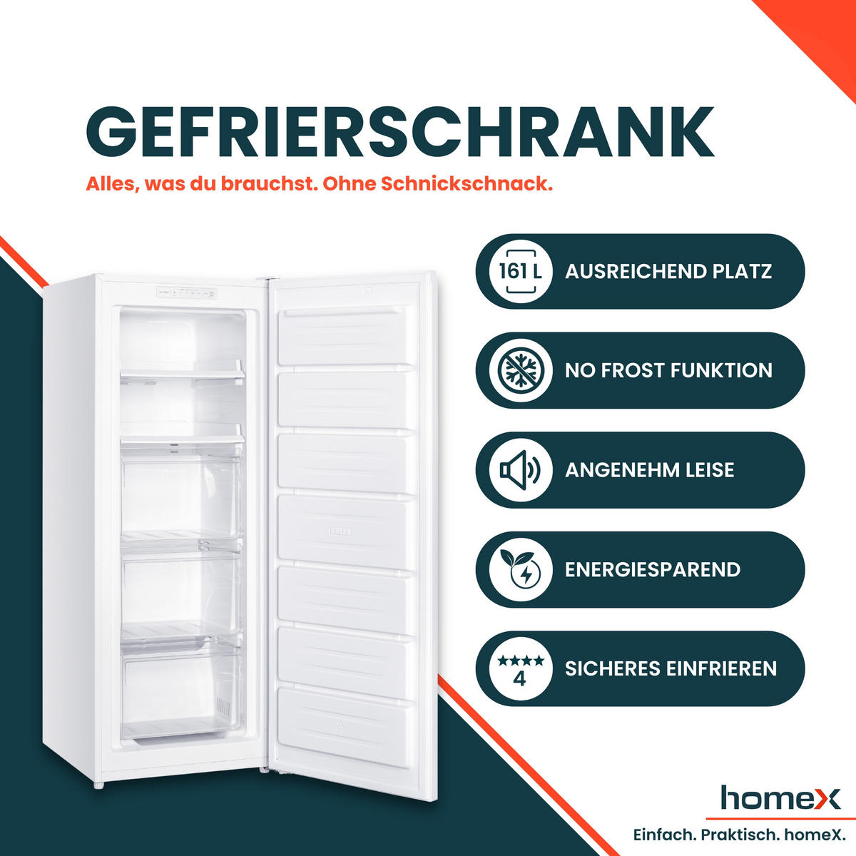 GEFRIERSCHRANK No Frost, groß - 161L Nutzinhalt, 4-Sterne Gefrieren, Super-Frost-Funktion, weiß - Weiß, Kunststoff/Metall (54/143/60cm) - homeX