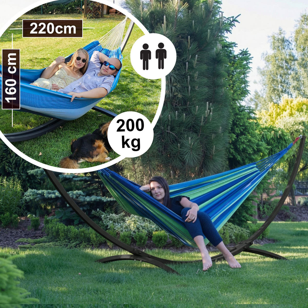 HÄNGEMATTE mit Gestell, 2 Personen, XXL, 200 kg, Metall, Grün, einfache Montage - Grün, Metall (370/130/120cm) - Potenza