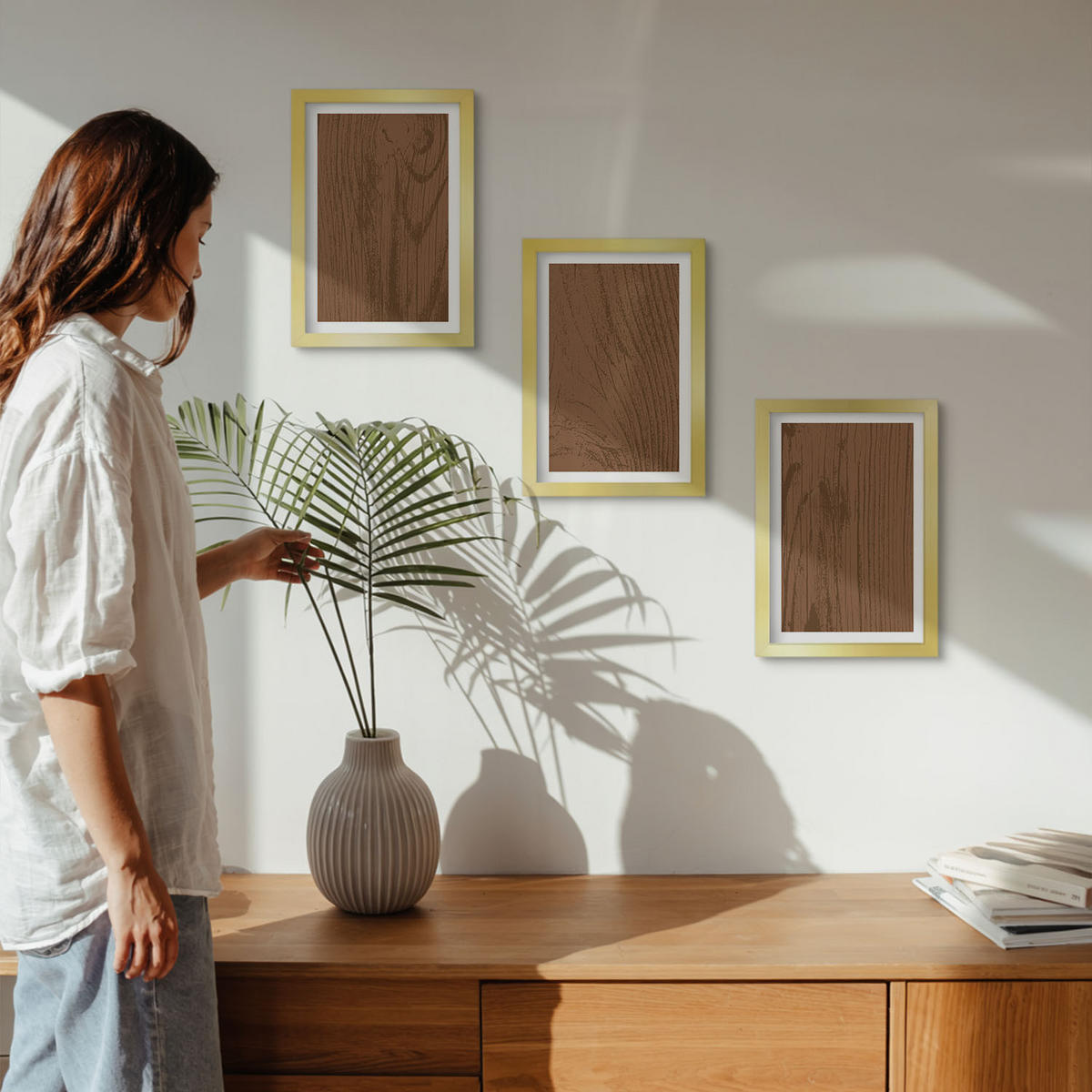 WANDBILDER 3er Set - 20x30 cm Goldrahmen - Holzstruktur, Rinde, Minimalismus - Goldfarben, Kunststoff (20/30cm) - ArtPrintCave