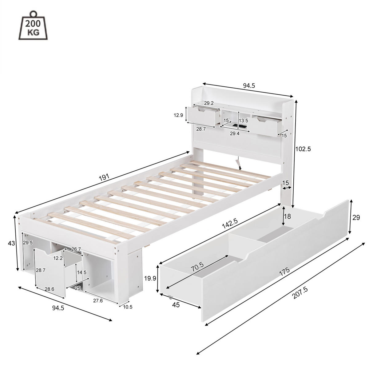 KINDERBETT 90/190 cm Weiß mit USB und Steckdosen Stauraumbett aus MDF - Weiß, Holzwerkstoff (90/190cm) - OKWISH