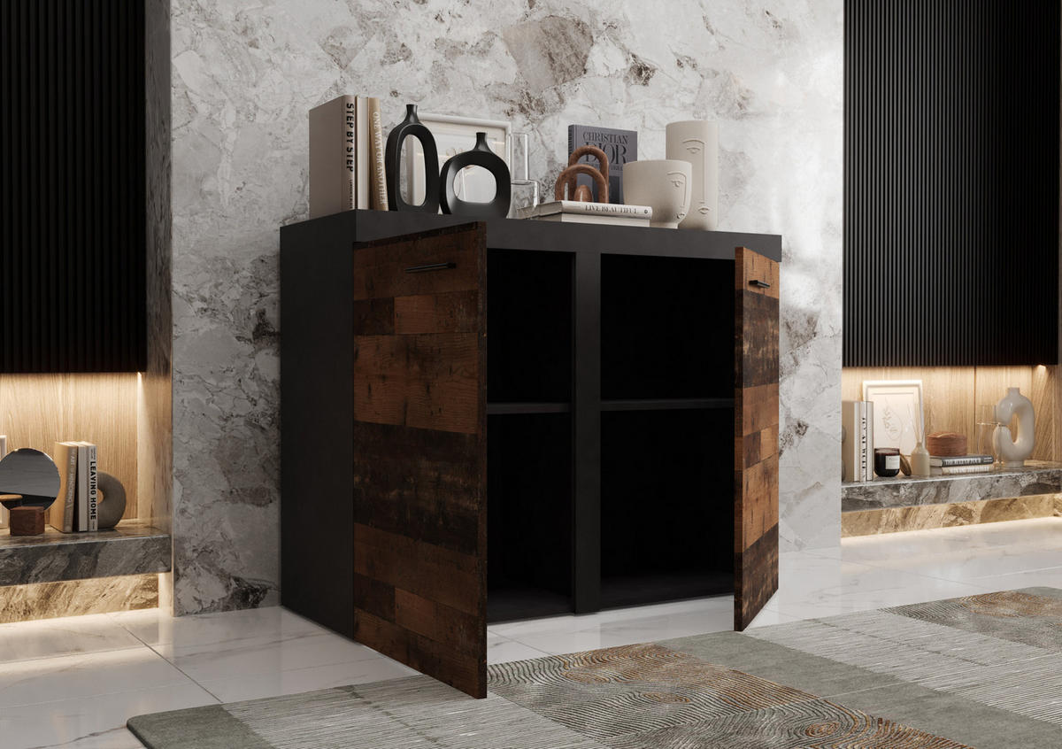 KOMMODE London LRXK 2D mit 2 Türen, Sideboard in Farbe: Dunkelbraun|Schwarz, Größe: 97 x 82 x 40 cm - Dunkelbraun/Schwarz, Holzwerkstoff (97/82/40cm) - O-Sofa