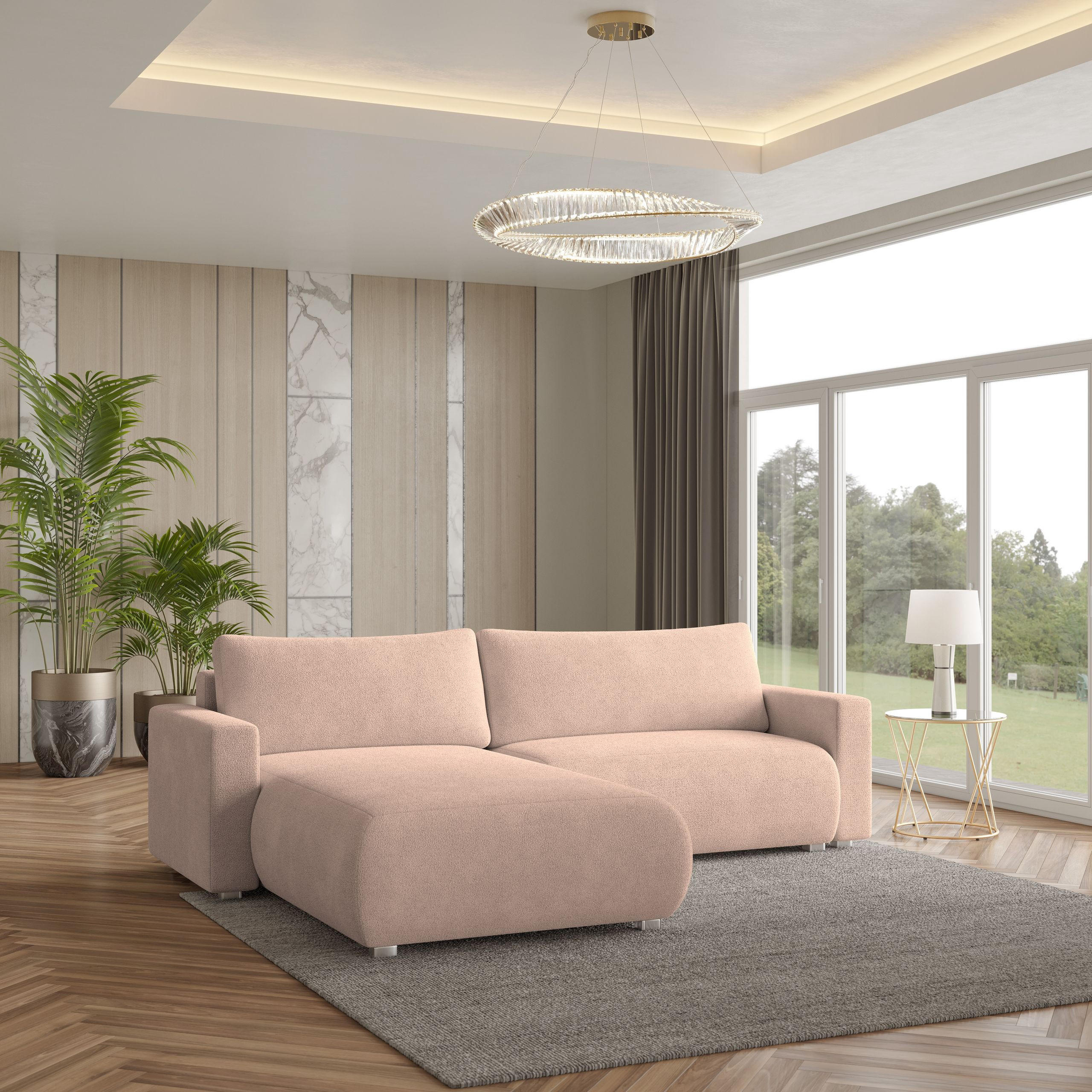 ECKSOFA TURIN N Rosa Bucle-Stoff mit Schlaffunktion - Rosa, Holz (265/183cm) - MASSENO