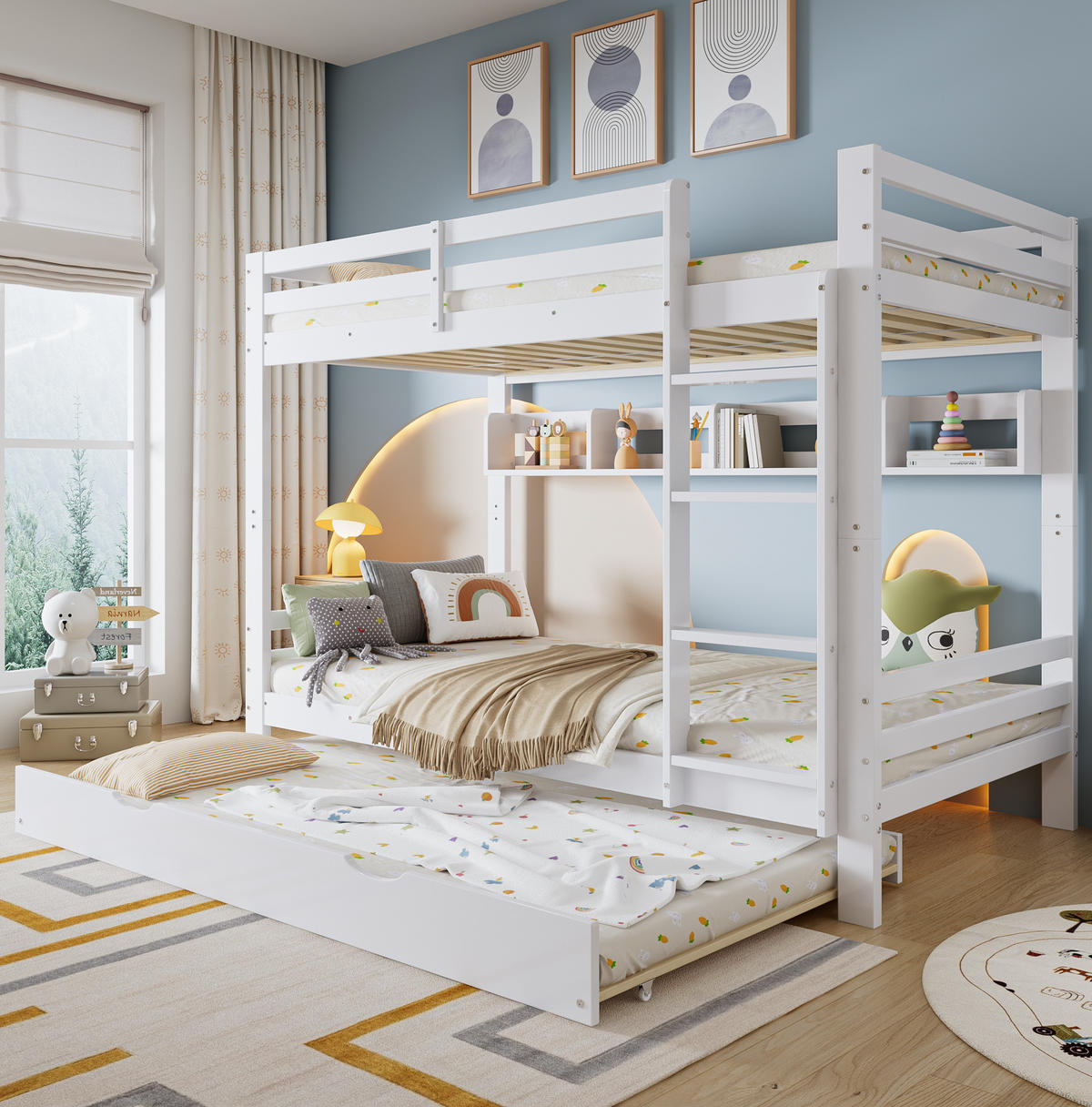 ETAGENBETT 90/200 cm weiß aus Kiefer/MDF mit Ausziehbett - Weiß, Holz (90/200cm) - OKWISH