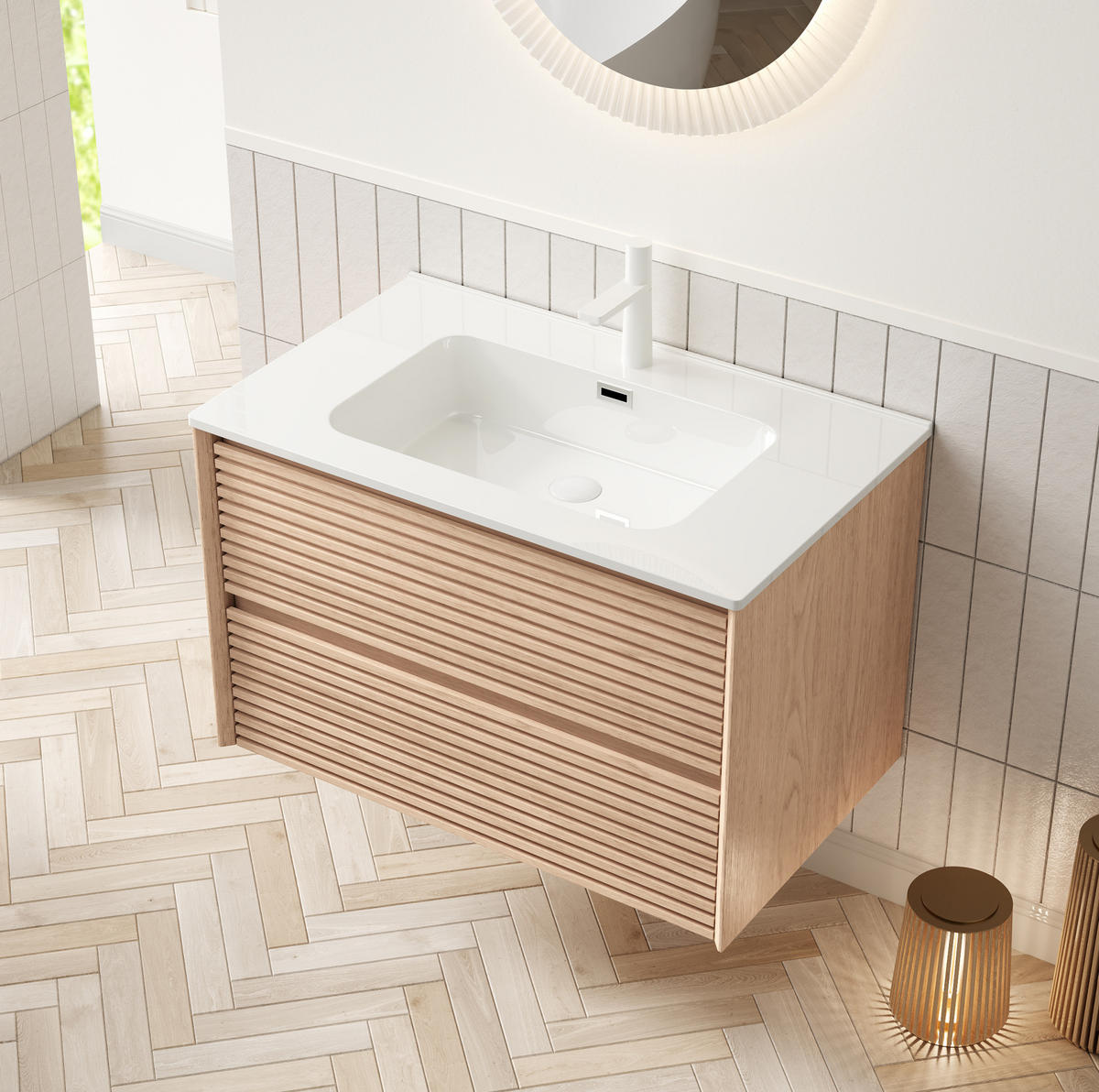 WASCHTISCHKOMBI 81x46.5x51.5cm Natur/Weiß mit Keramikbecken & 2 Soft-Close-Schubladen - Naturfarben, Keramik (81/51.5/46.5cm) - Modfu