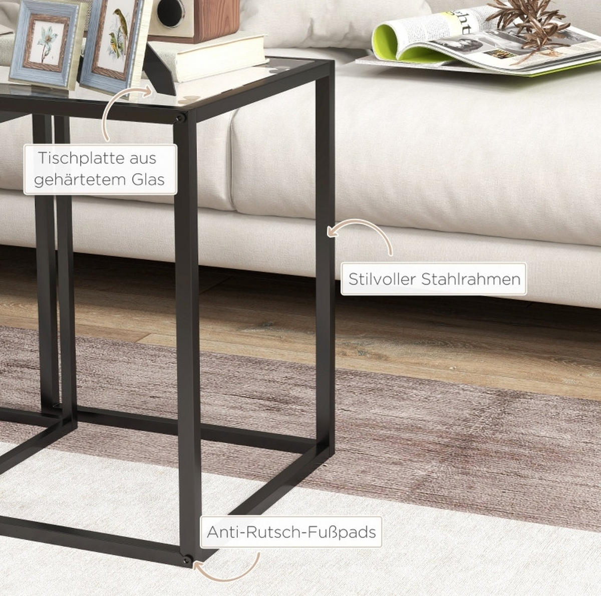 BEISTELLTISCH 42/51/42 cm und 33/45,5/33 cm Schwarz aus gehärtetem Glas und Stahl stapelbar 2er Set - Schwarz, Glas (42/42/51cm) - OKMYHOME