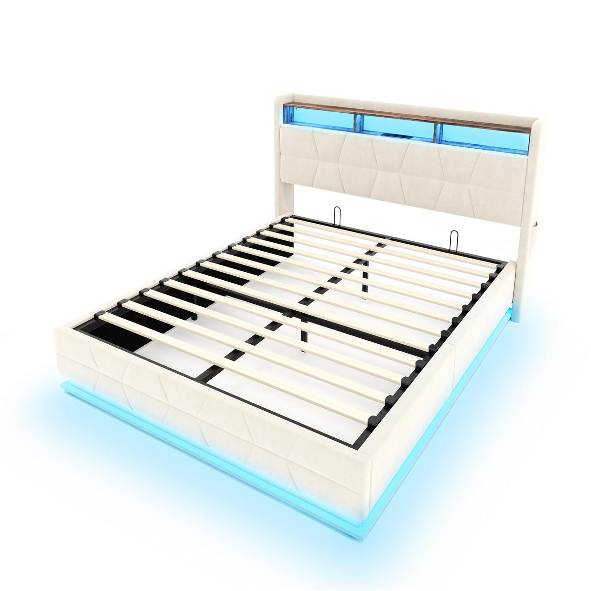 POLSTERBETT aus Samt 140x200 cm in Beige mit LED & USB/Type-C - Beige, Textil (140/200cm) - Modfu