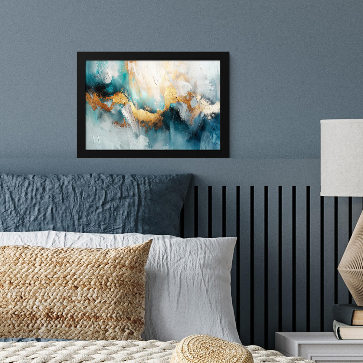 POSTER MIT RAHMEN Abstrakt - Kunst - Gold - Blau 30x20 cm - Petrol, Papier (30/20cm) - MuchoWow