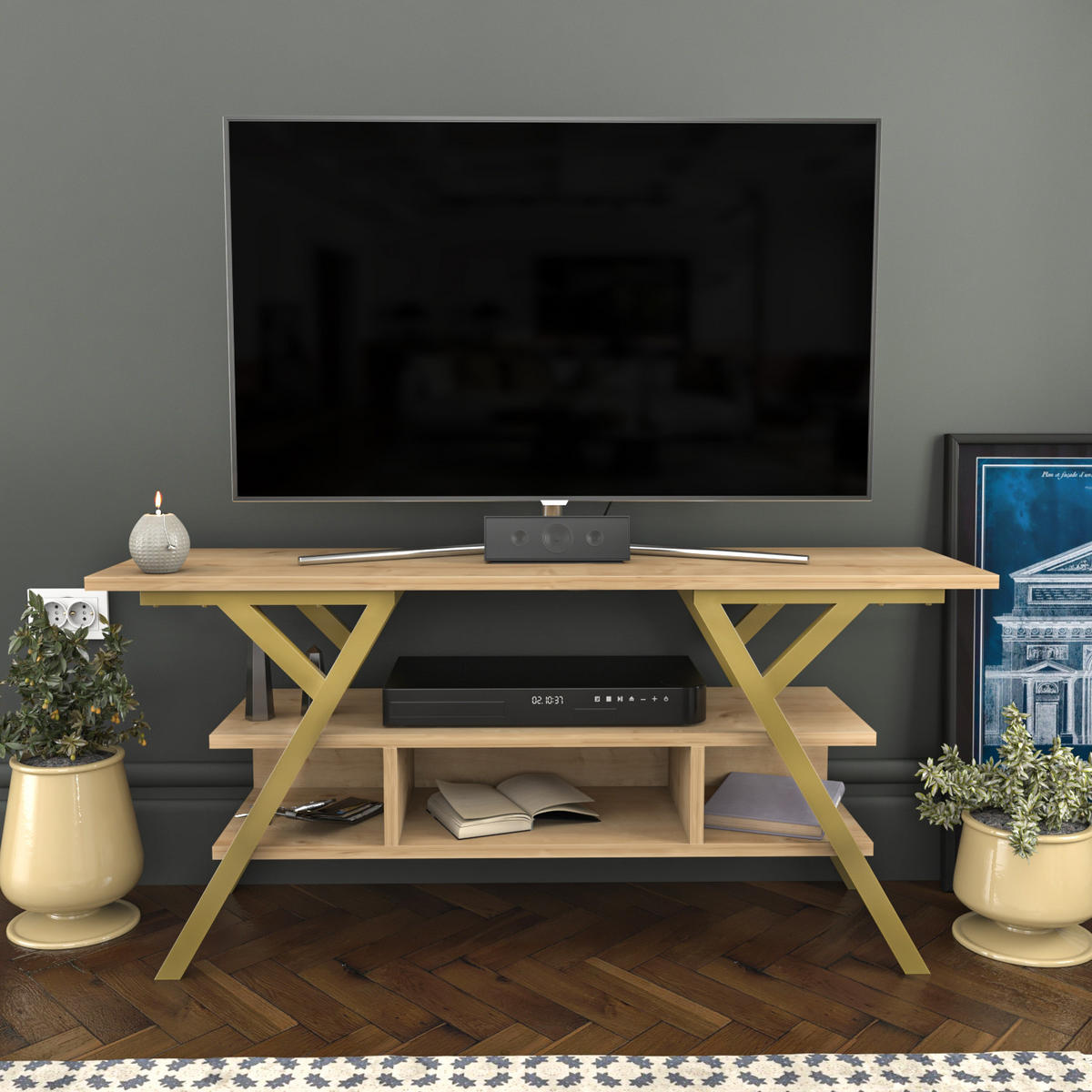 TV Stand Minerva Gold Eiche - Eichefarben/Goldfarben, Holzwerkstoff (120/55/35cm) - Decorotika