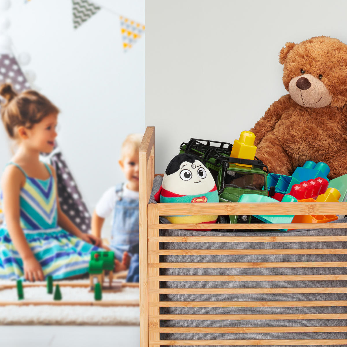 WÄSCHEKORB - Multicolor, Holz/Textil (40/60/35cm) - Relaxdays
