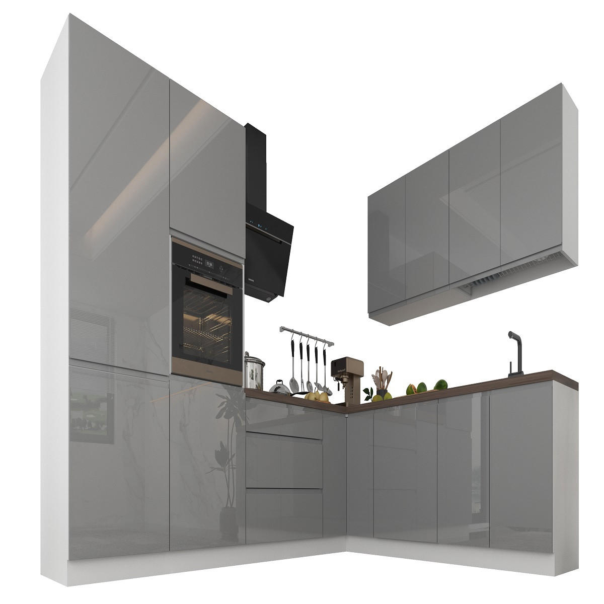 ECKKÜCHE 290 x 230 cm – Aspen KA3-M290 - in Grau/Hochglanz - Grau, Holz (520/212/58cm)