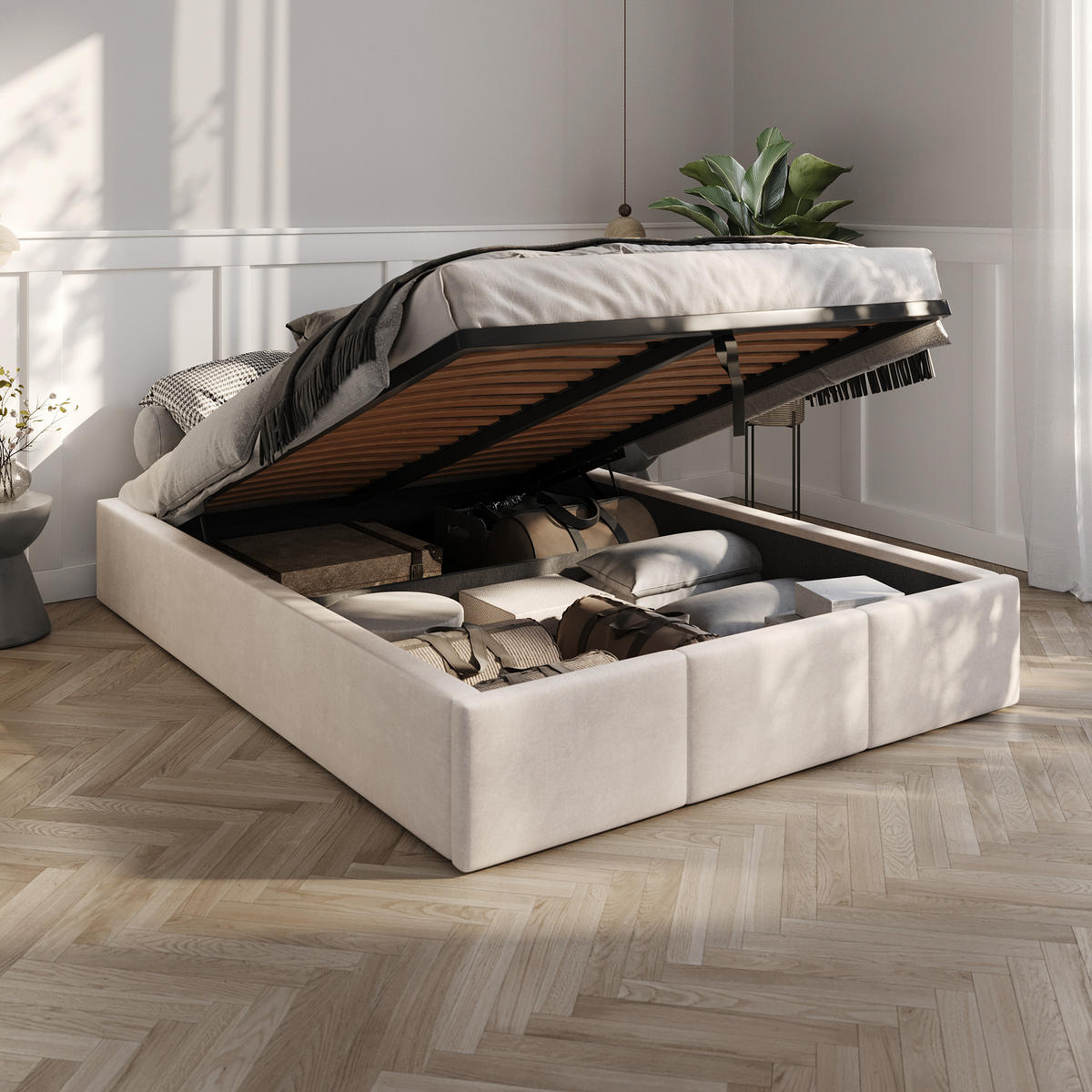 POLSTERBETT für Schlafzimmer Bett mit Stauraum Creme 140x200cm - Creme, Holzwerkstoff/Textil (160/200cm) - Muralo