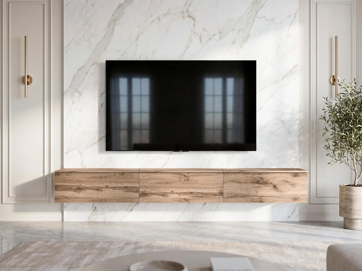 LOWBOARD Barvo 3x100 Eiche Wotan 300/34/32 cm – hängendes TV-Board - Braun, Holzwerkstoff (300/34/32cm) - AX Living