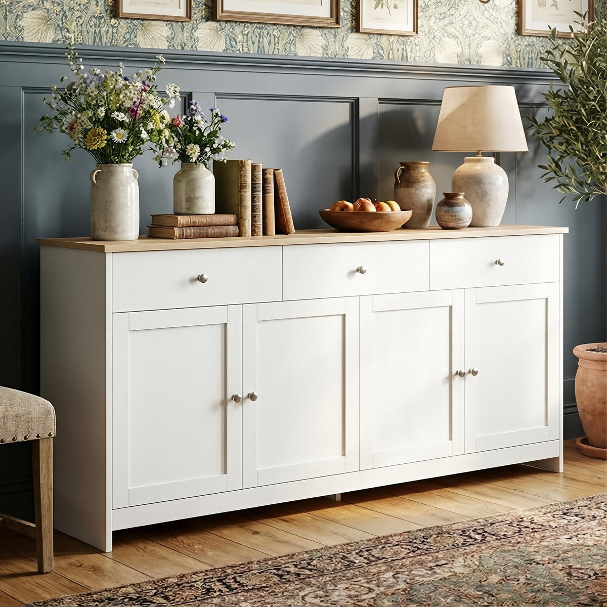 SIDEBOARD Landhausstil mit 4 Türen & 3 Schubladen 160/37/75 cm Weiß/Eiche - Weiß, Holzwerkstoff (160/75/37cm) - Creahappy