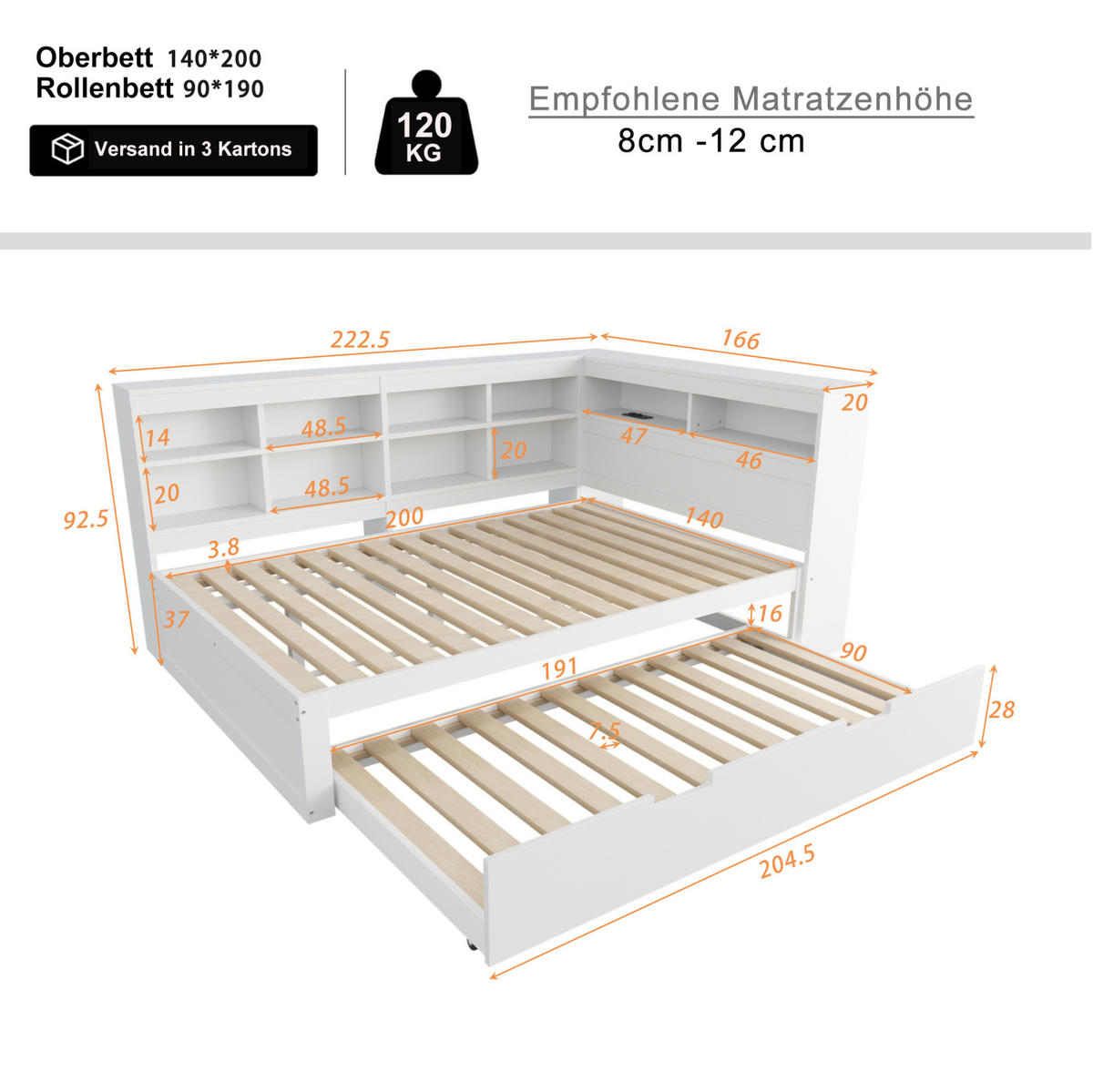 BETT aus Holz 140x200 cm Weiß mit Ausziehbett, USB-Anschluss und Stauraum - Weiß, Holzwerkstoff (140/200cm) - Modfu