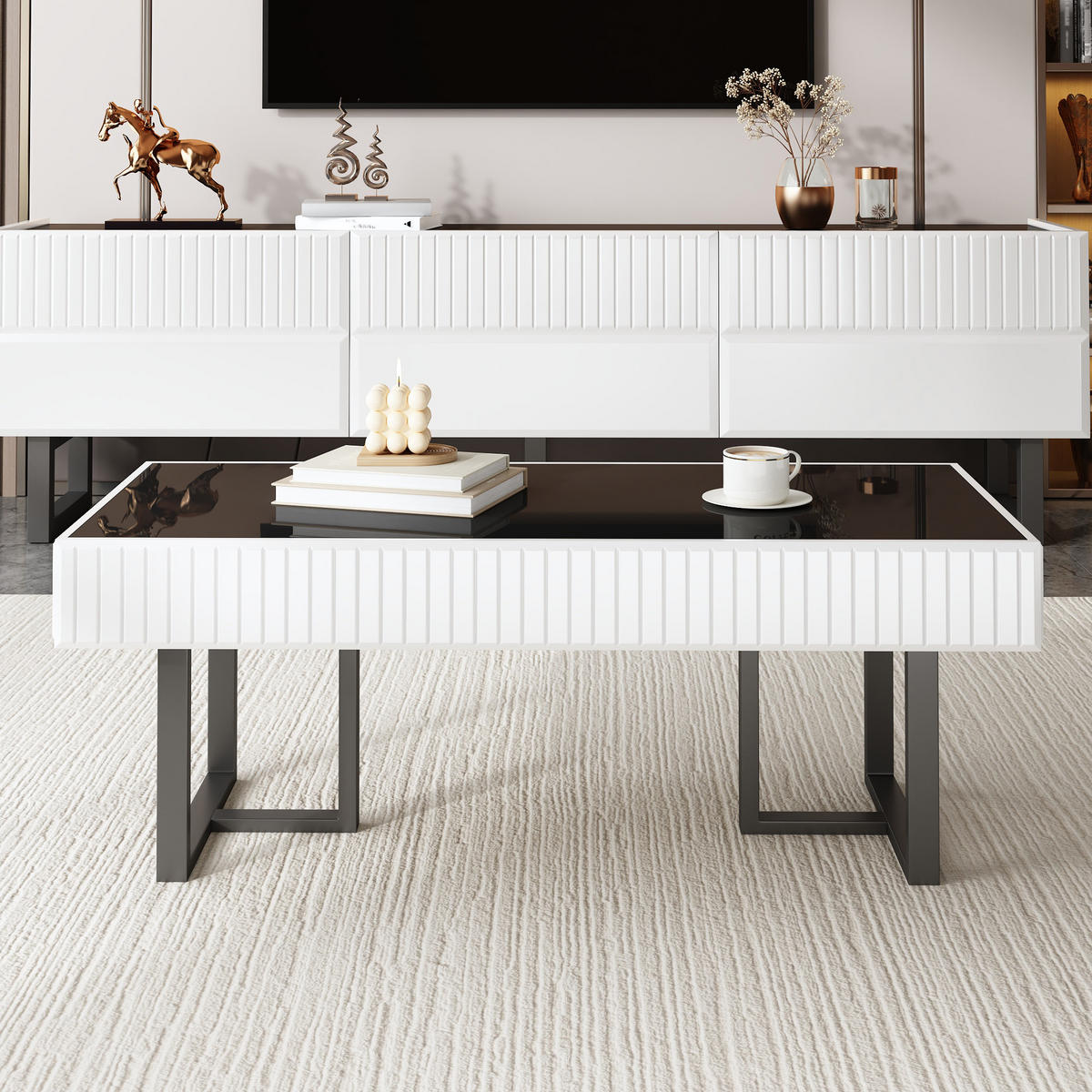 WOHNZIMMER-SET Couchtisch TV-Möbel Schwarz-Weiß modern - Multicolor, Holzwerkstoff (170/47/35cm) - FLIEKS