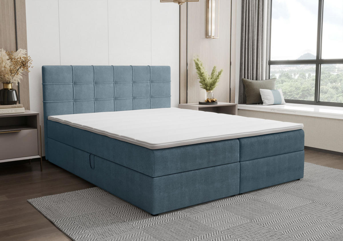 BOXBETT KIDA mit Matratze H3, Bonell und Topper 160x200 Curio 74 - Blau, Textil (160/200cm) - Bedante