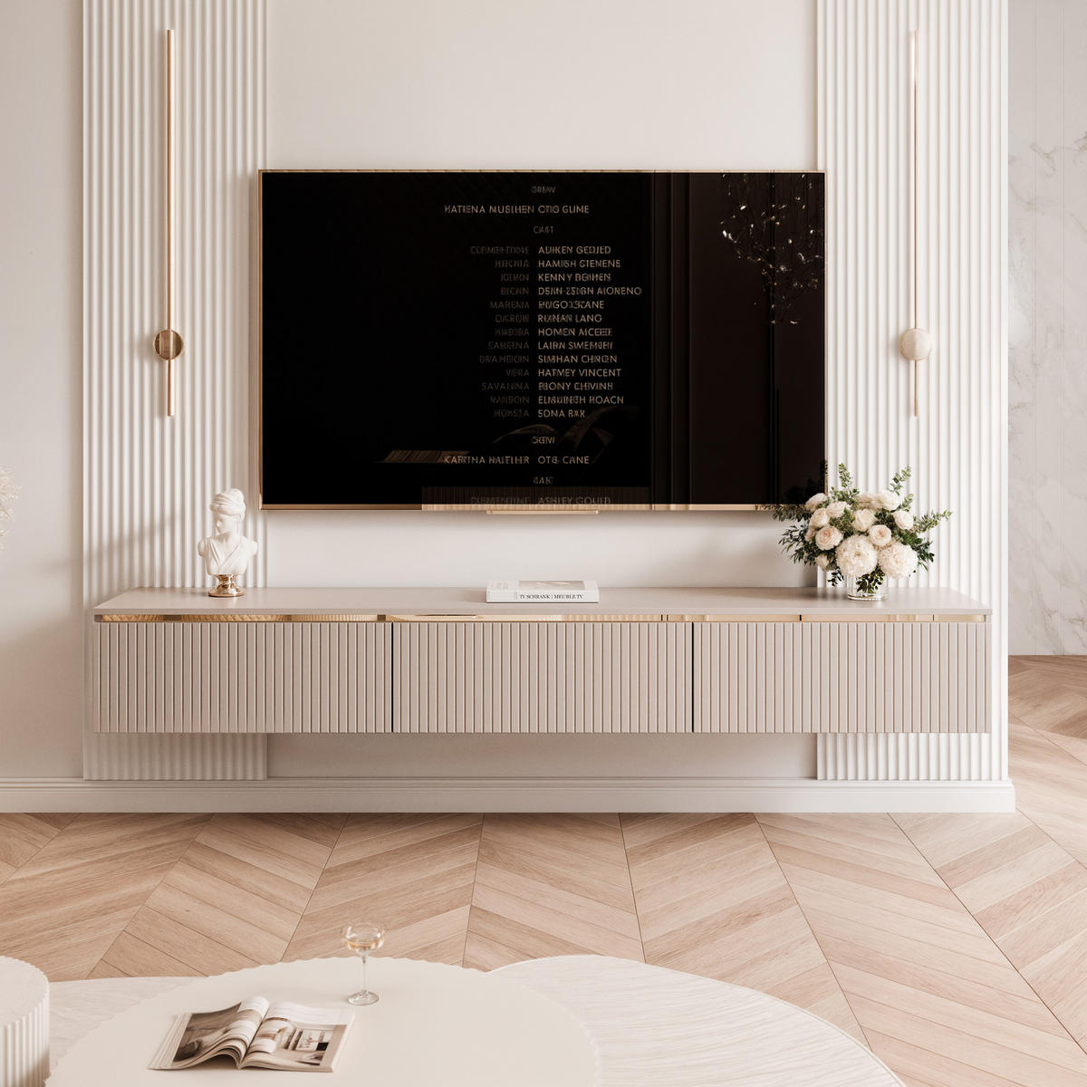 HÄNGENDER TV-Schrank SELIA 200 cm, geriffelt, Kaschmir mit goldener Zierleiste - Kaschmir, Holzwerkstoff (200/28.5/35cm) - Idohome