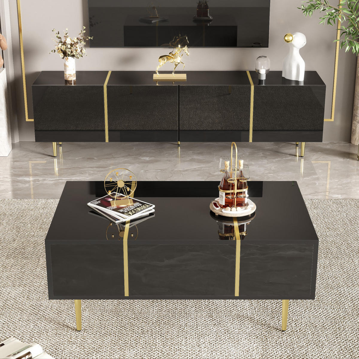 TV-SCHRANK SET Modern Hochglanzschwarz mit Couchtisch - Schwarz, Holz (43.18/21.84/96.52cm) - FLIEKS