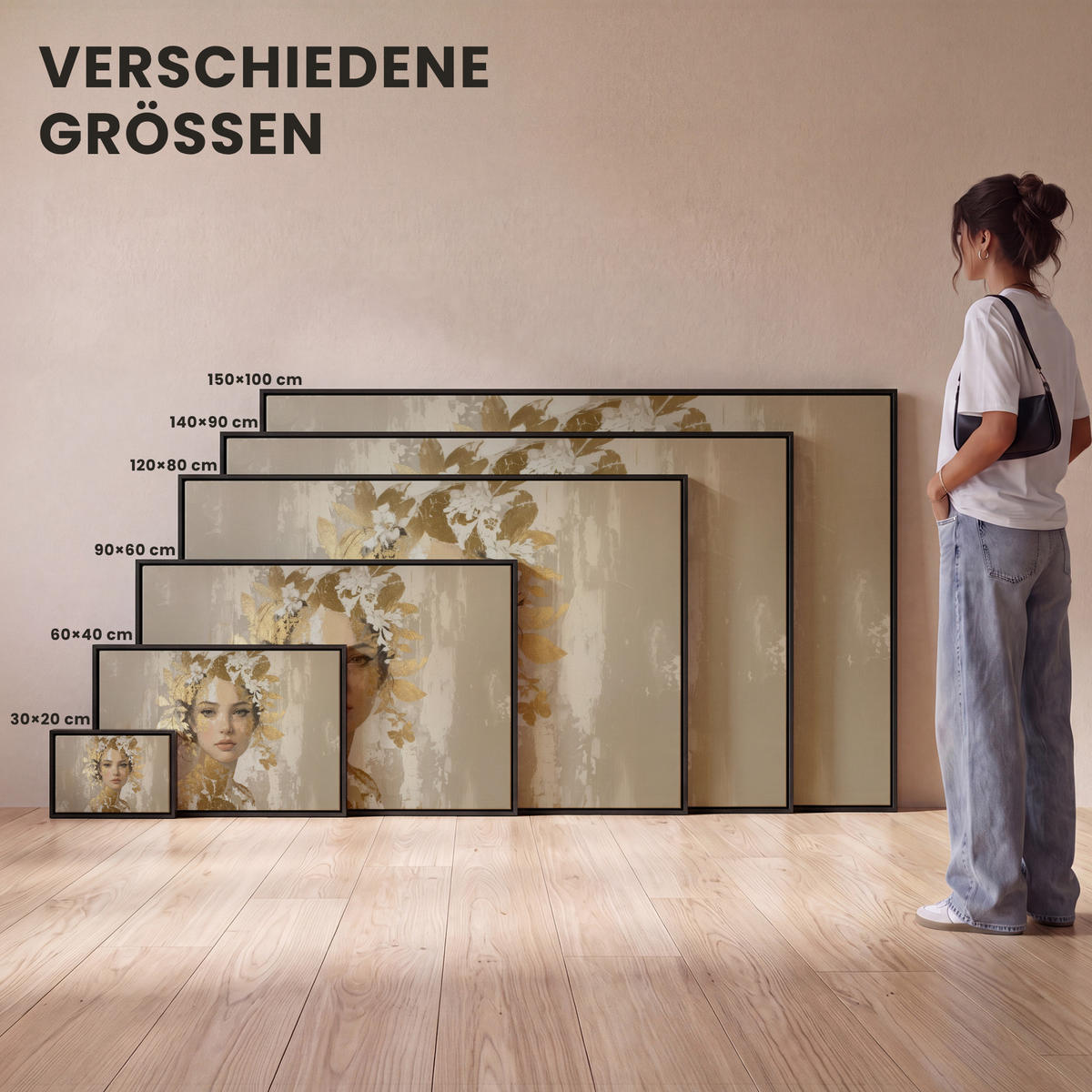 LEINWAND Bilder mit Rahmen - Gesicht - Frau - Blätter - Gold - 150x100 - Beige, Textil (150/100cm) - MuchoWow