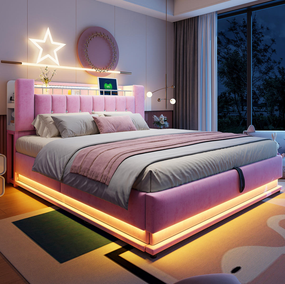 POLSTERBETT 180/200 cm mit LED-Beleuchtung, USB-Anschlüssen und hydraulischem Stauraum, Samt, Rosa - Rosa, Textil (180/200cm) - Redom