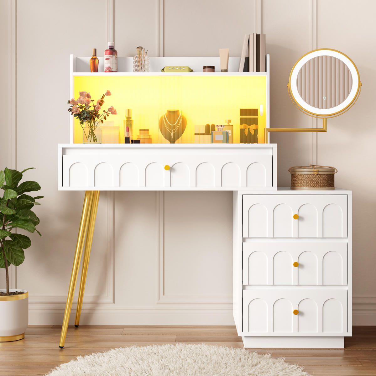 SCHMINKTISCH in Weiß Frisiertisch mit LED-Spiegel und 4 Schubladen für Schlafzimmer, B112/T40/H116cm - Transparent/Goldfarben, Holzwerkstoff/Metall (112/116/34.5cm) - STILVORA