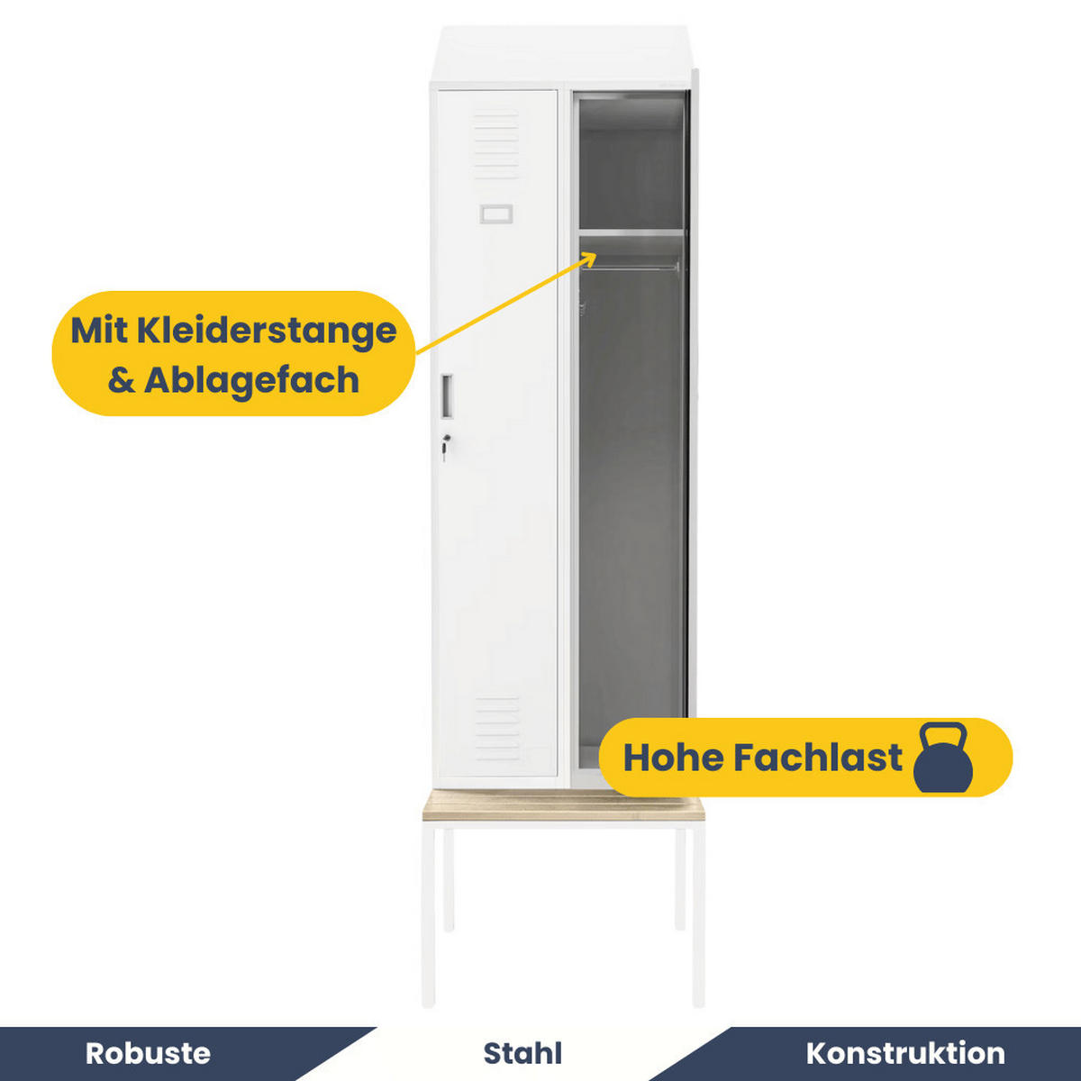 UMKLEIDESCHRANK Spind mit Sitzbank BARCA 2 Abteile 229,5x60x85cm Weiß - Weiß, Metall (60/229.5/85cm) - DELUKE