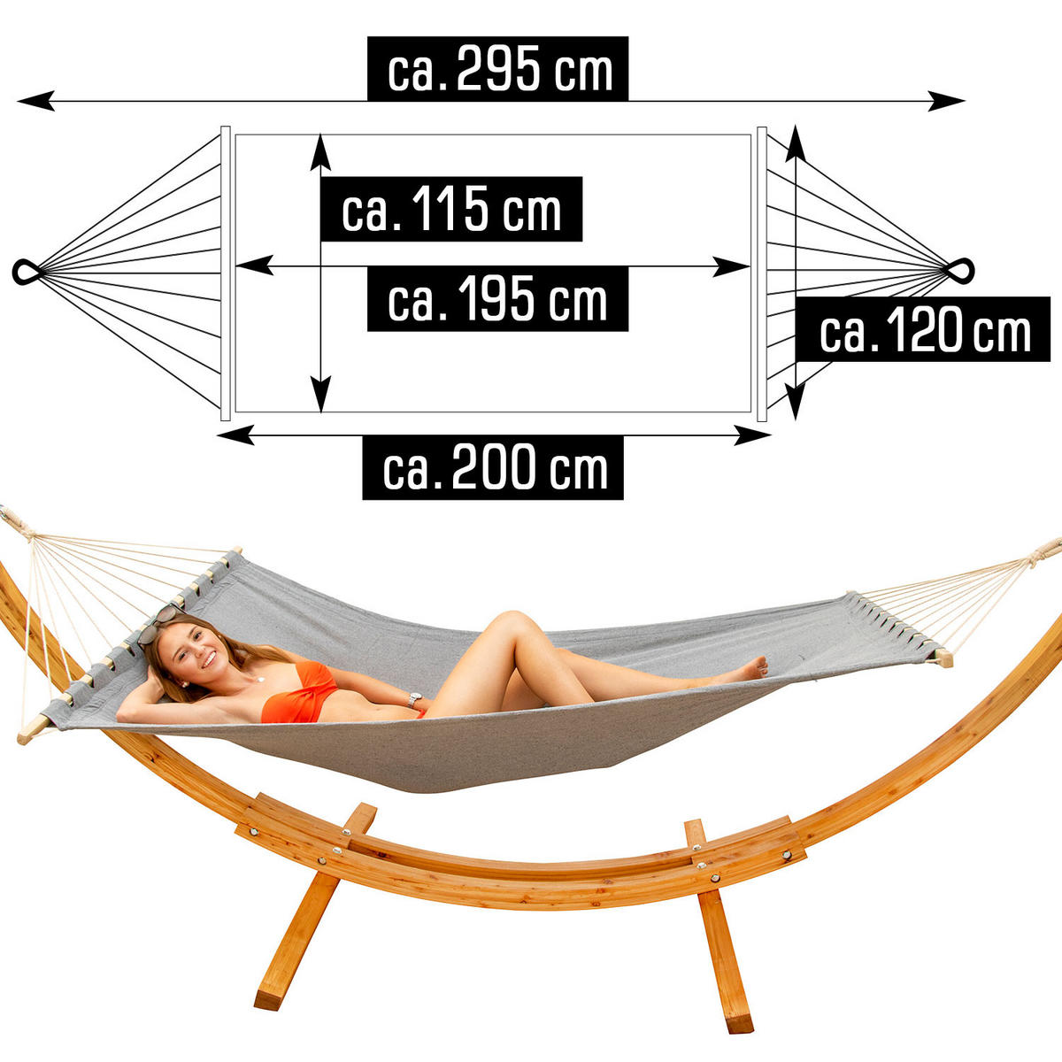 XXL-HÄNGEMATTE mit Holzgestell bis 150kg, 325/120cm, Grau - Grau, Holz (120/2.5/325cm) - Amanka