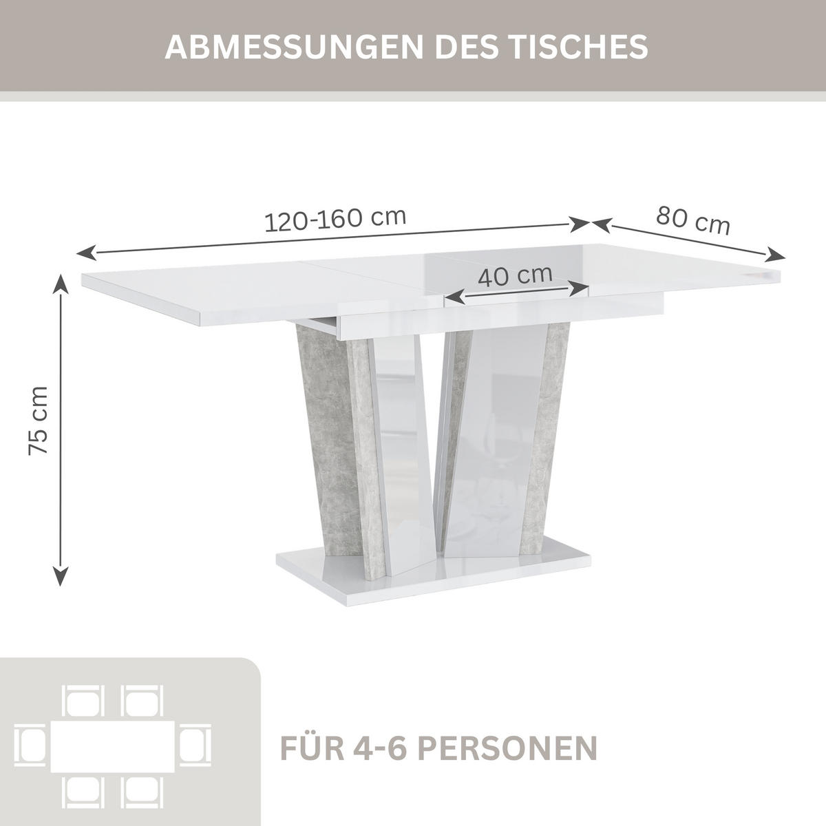 ESSTISCH Ausziehbar 120 - 160 cm Weiß Hochglanz und Grau Betonoptik - Weiß Hochglanz/Grau, Holzwerkstoff (120/80/75cm) - PROSPERO