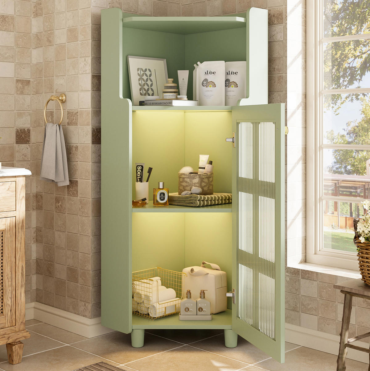 LED-ECKSCHRANK 63.5x16.5x124 cm Grün aus Spritzglas mit App-LED & 2-in-1 Stauraum - Grün, Holzwerkstoff (63.5/124/16.5cm) - Modfu