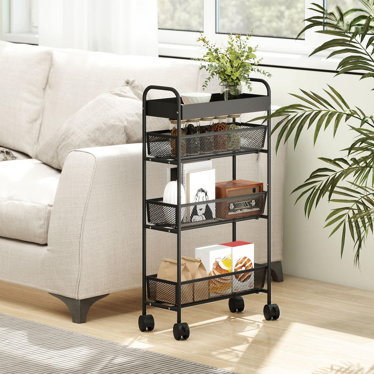 KÜCHENWAGEN DE-17141 3 ausziehbare Körbe & obere Ablage Schwarz - Schwarz, Metall (19/80/43.2cm) - ComfortXL