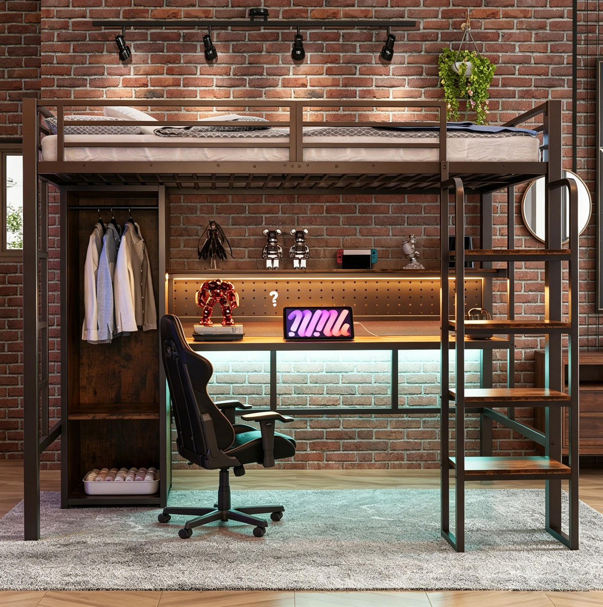 HOCHBETT 90/200 cm aus Metall und MDF mit Schreibtisch und Kleiderschrank Schwarz - Schwarz, Holzwerkstoff (90/200cm) - Modenvie