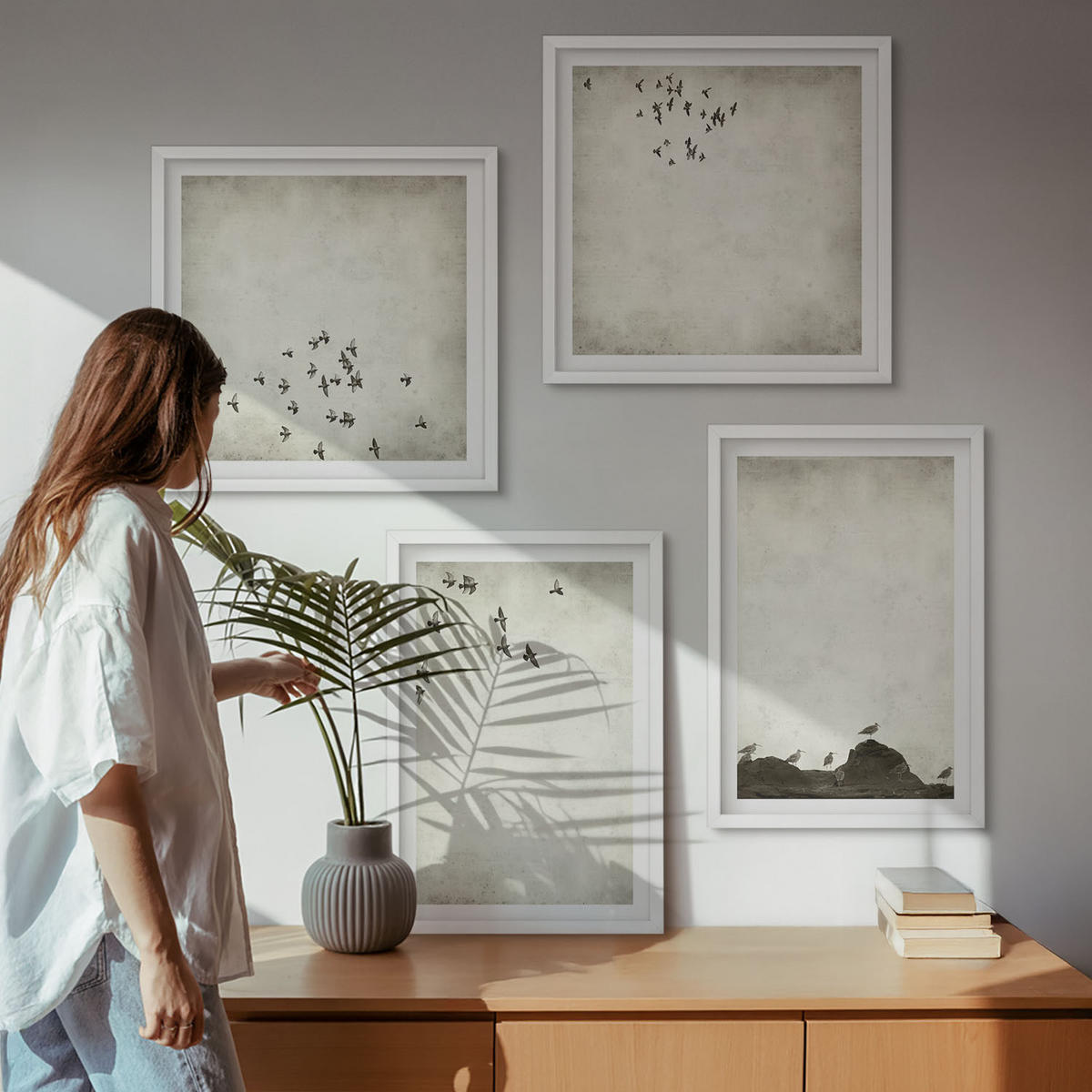 WANDBILDER 4er-Set - 50x50 cm & 40x60 cm Weißer Rahmen - Minimalistische Vogelmalerei - Weiß, Kunststoff (50/50cm) - ArtPrintCave
