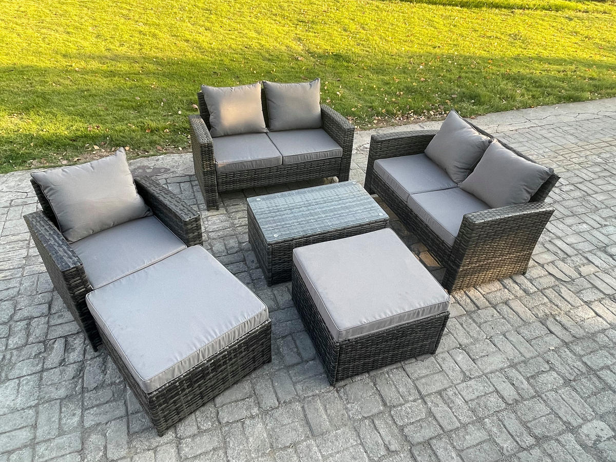 GARTENMÖBEL-SET MIT COUCHTISCH 2 HOCKER Polyrattan Dunkelgrau 7-Sitzer - Dunkelgrau, Metall - Fimous
