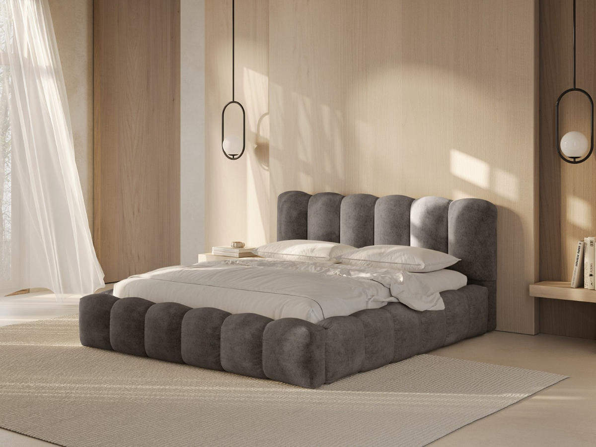 BETT mit Bettkasten und Kopfteil Lupine aus Chenille-Stoff cappuccino 160x200cm - Cappuccino, Textil (160/200cm) - Micadoni
