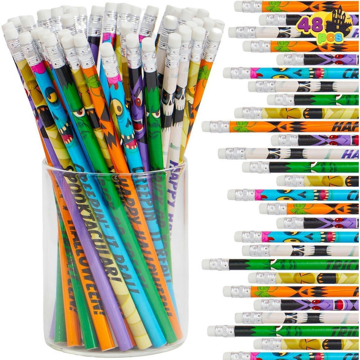HOLZBLEISTIFTE 48-teiliges Set Halloween-Motive mit Radiergummis - Multicolor, Holz