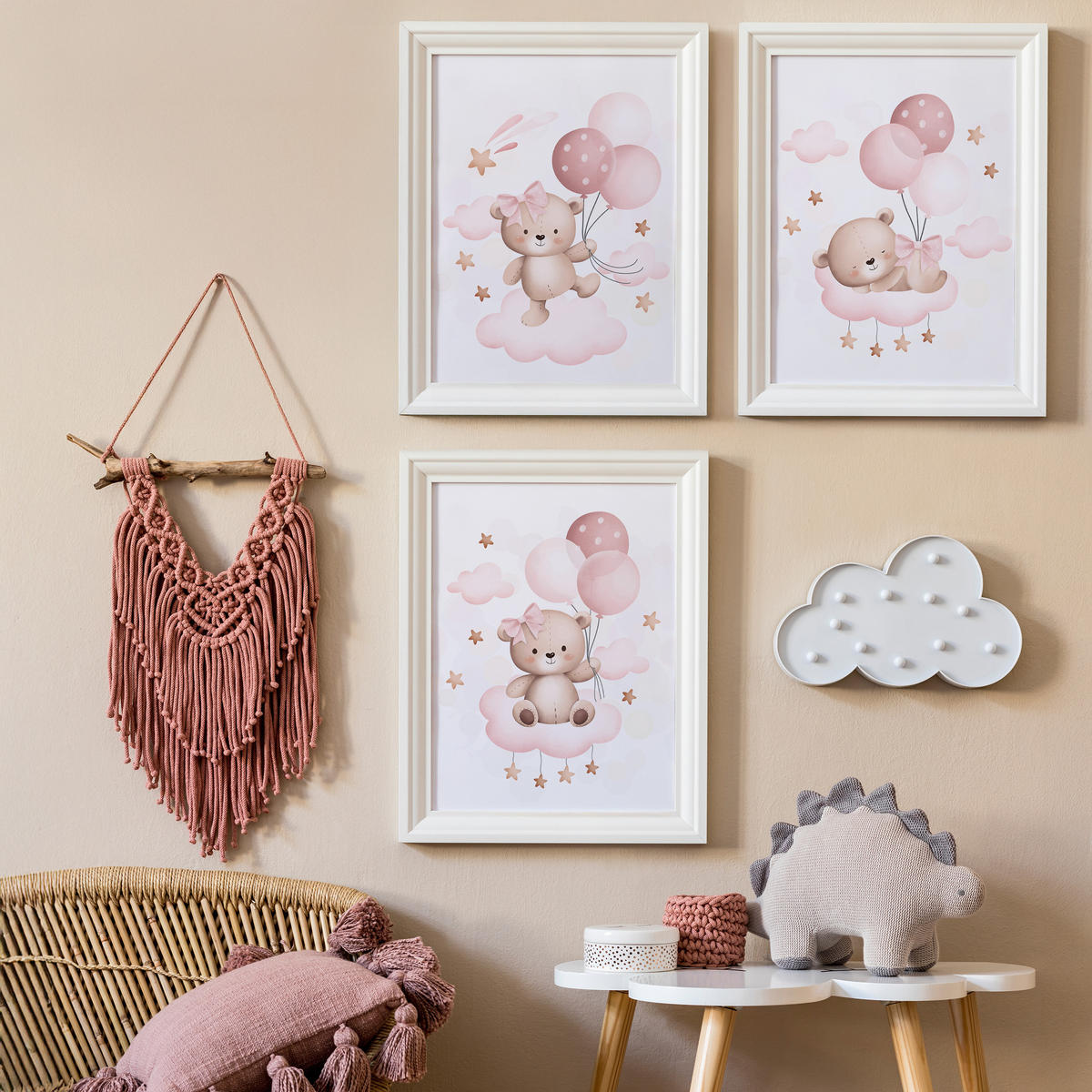 SADA PLAGÁTOV Do Detskej Izby Mackovia Balóny Oblaky A3 30 x 42 cm - biela/ružová, papier (30/42/1cm) - Muralo