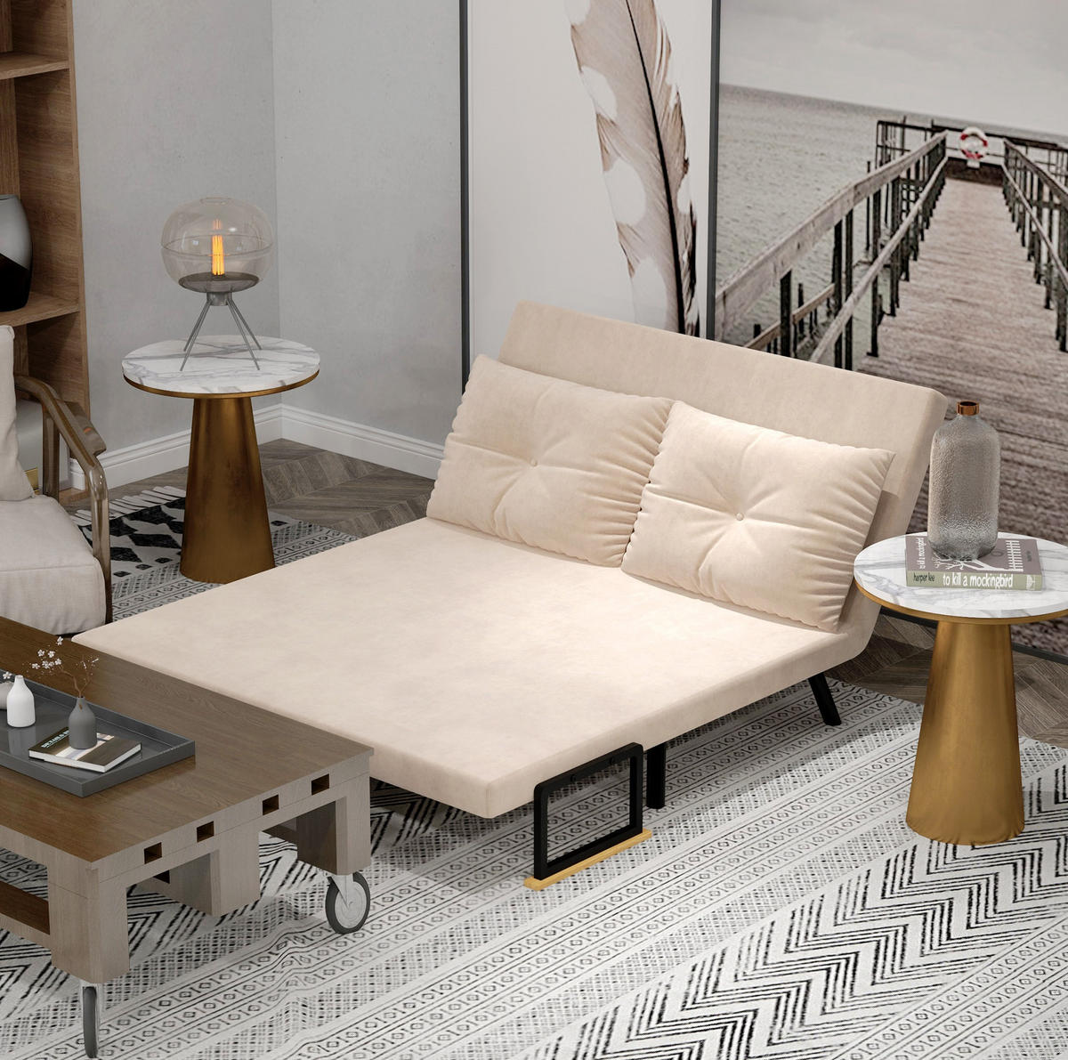 SCHLAFSESSEL mit Bettfunktion verstellbar 102 x 73 x 81 cm Beige - Beige, Holzwerkstoff (102/81/73cm) - Meubliv
